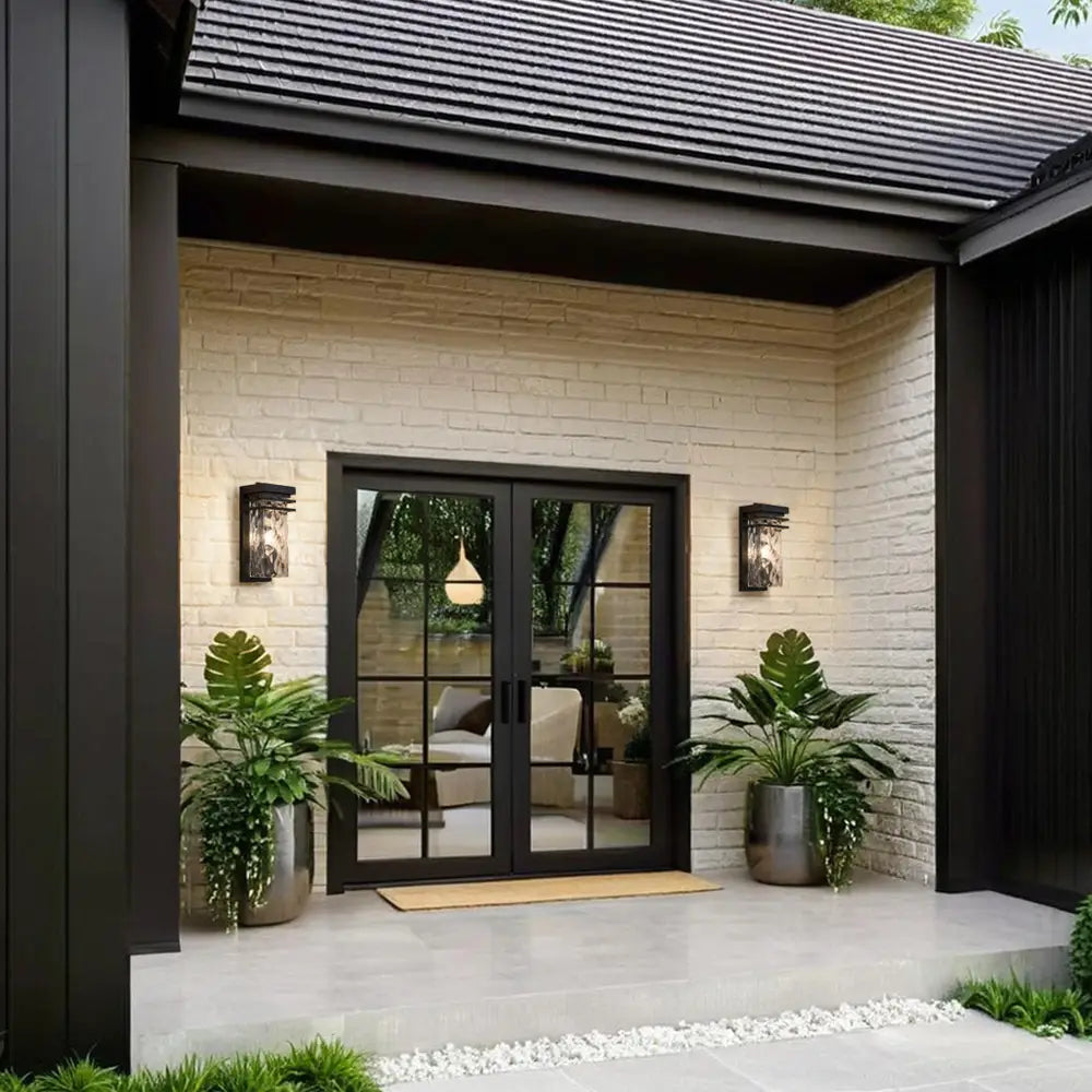 12" Black Outdoor Wall Lights with Water Seeded Glass