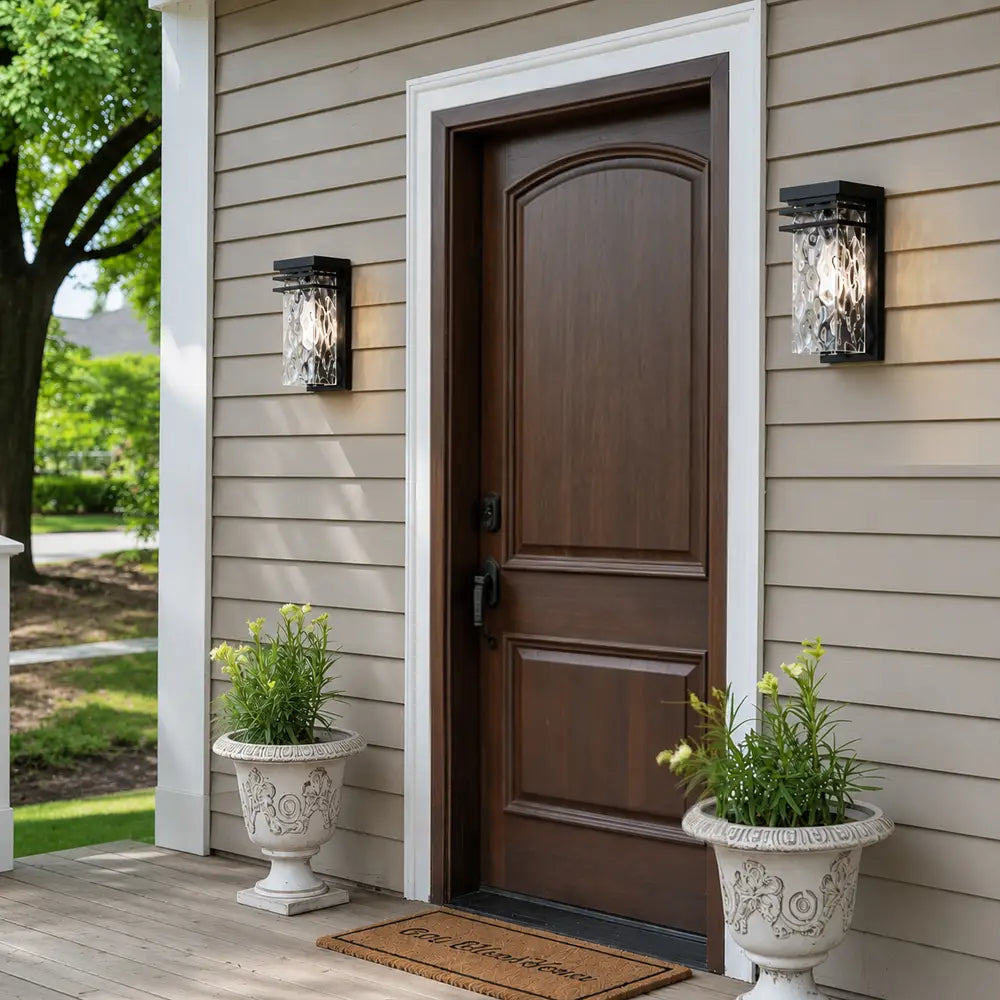 12" Black Outdoor Wall Lights with Water Seeded Glass