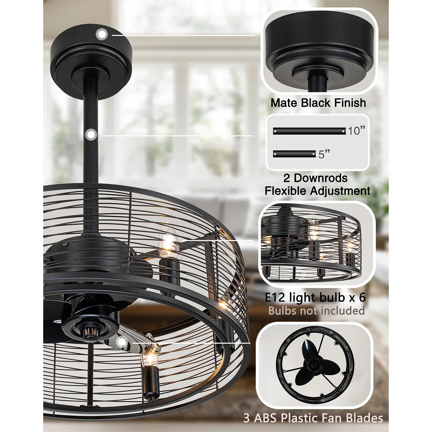20” Stripped Caged Ceiling Fans with Light and Remote - FTL Outdoor Wall Lighting LED Light Bulbs
