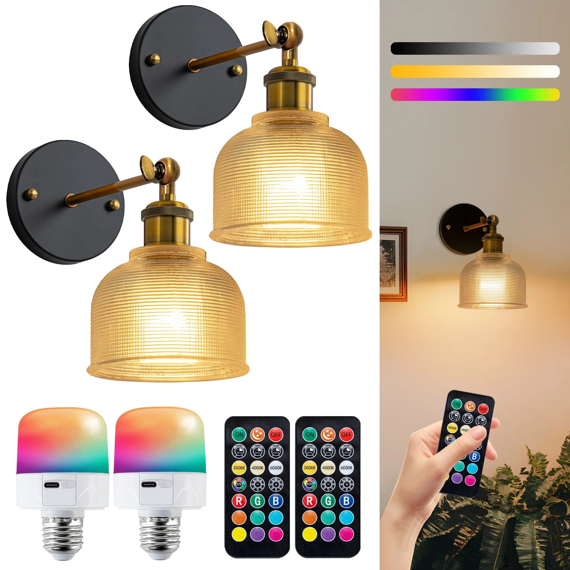 Modern Glass Rechargeable Wall Lights with Remote Set of 2