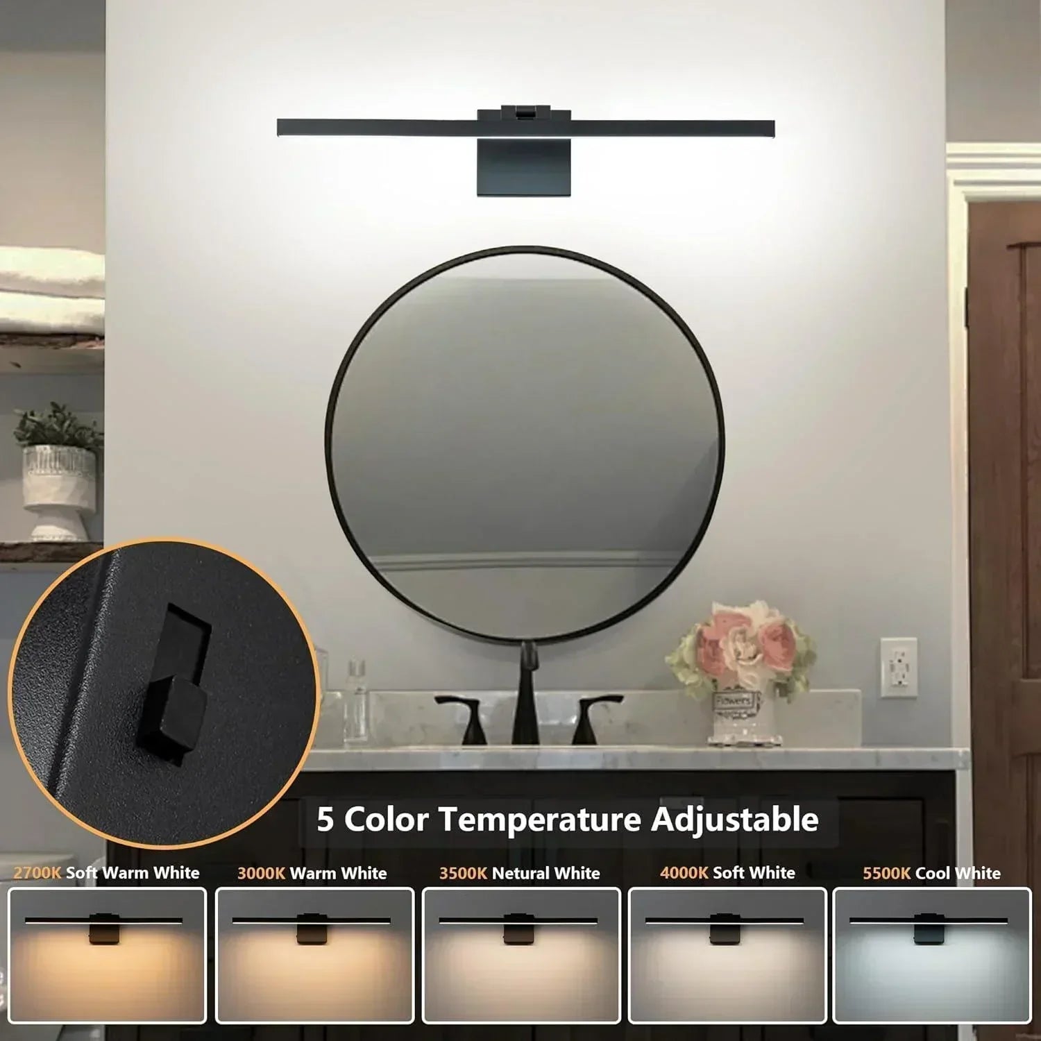 22.8" 5CCT Dimmable Black LED Bath Bar 180° Adjust