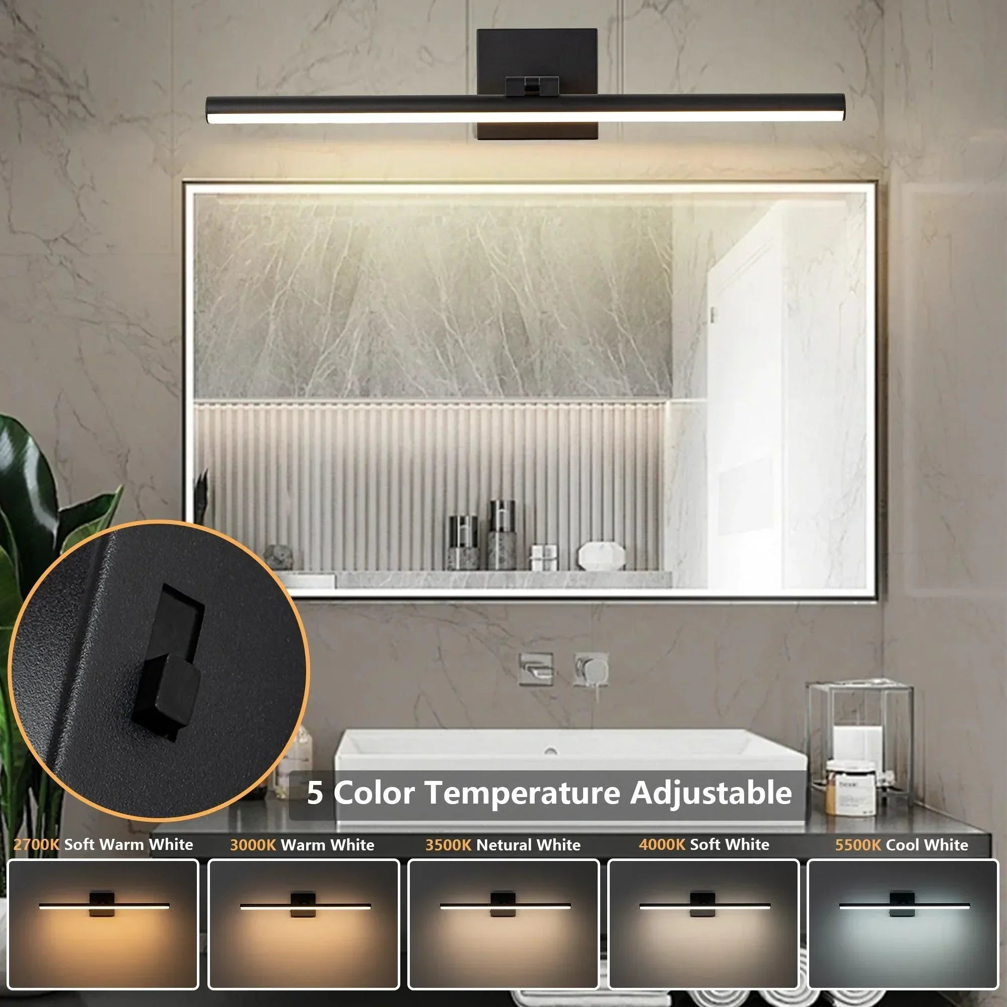 22.8" 5CCT Dimmable Black LED Bath Bar 180° Adjust