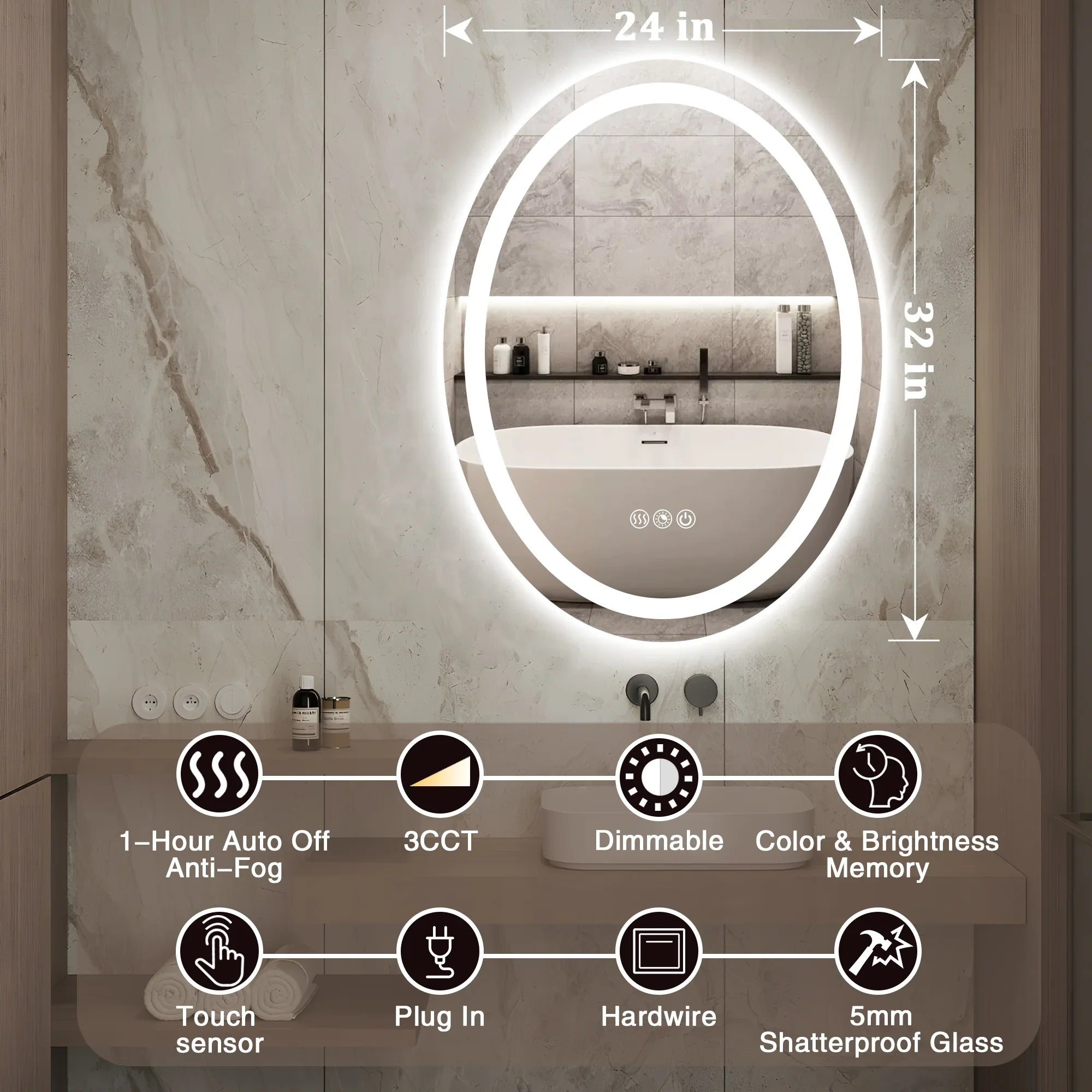 Oval LED Bathroom Mirror, 3000K-6000K Dimmable and Many Sizes