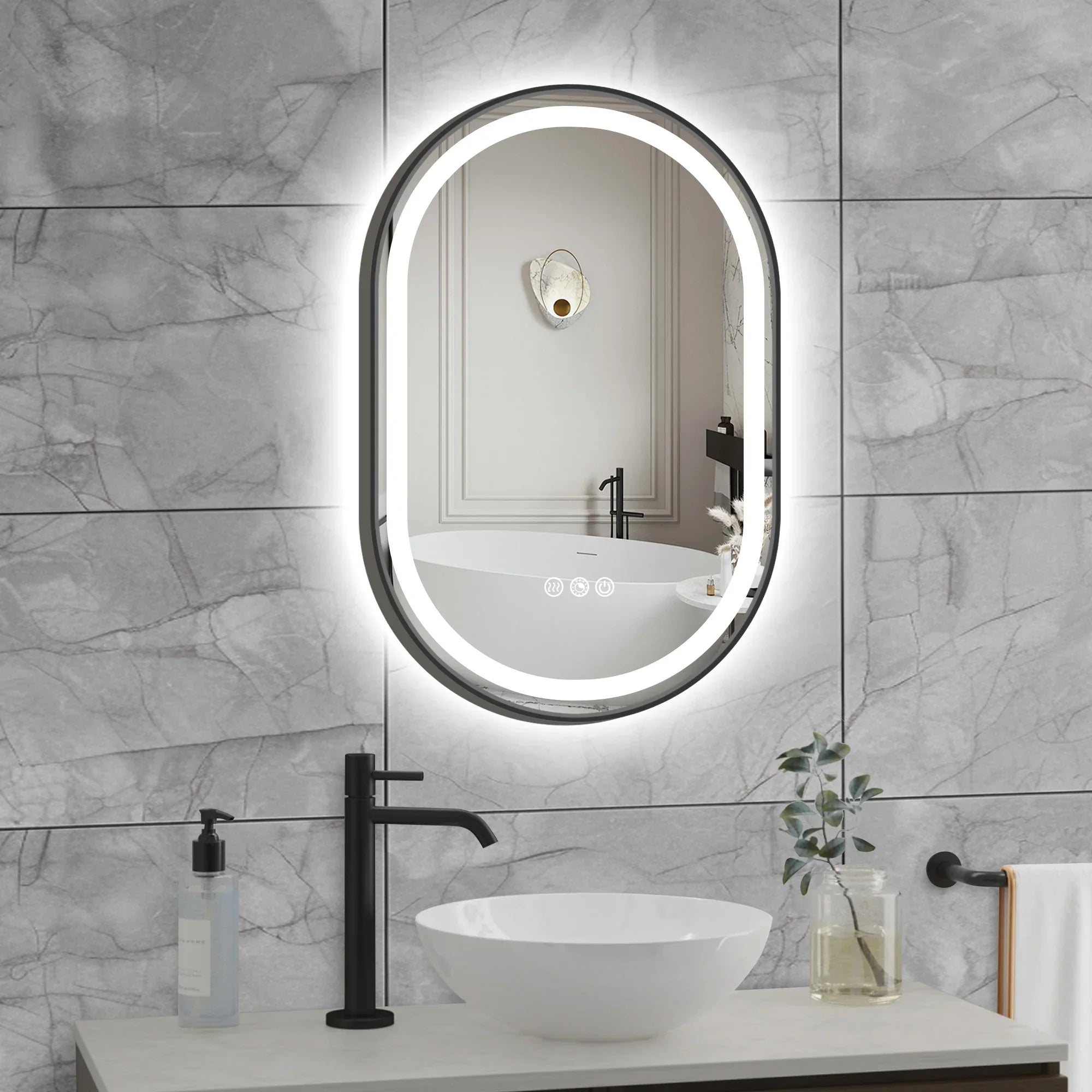 Double Arch LED Frame Bathroom Mirror, 3000K-6000K Dimmable and Many Sizes