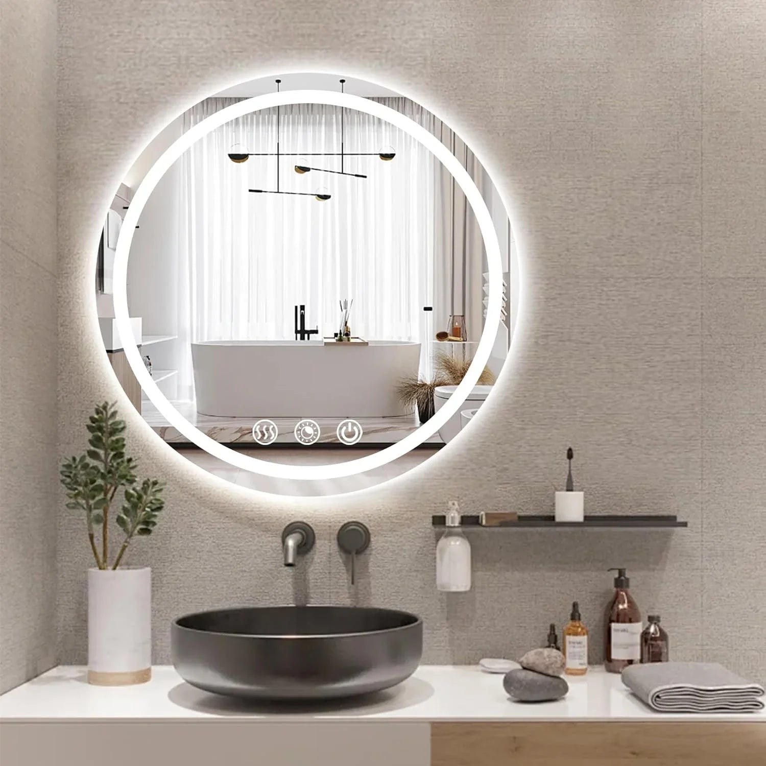 Round LED Bathroom Mirror, 3000K-6000K Dimmable and Many Sizes