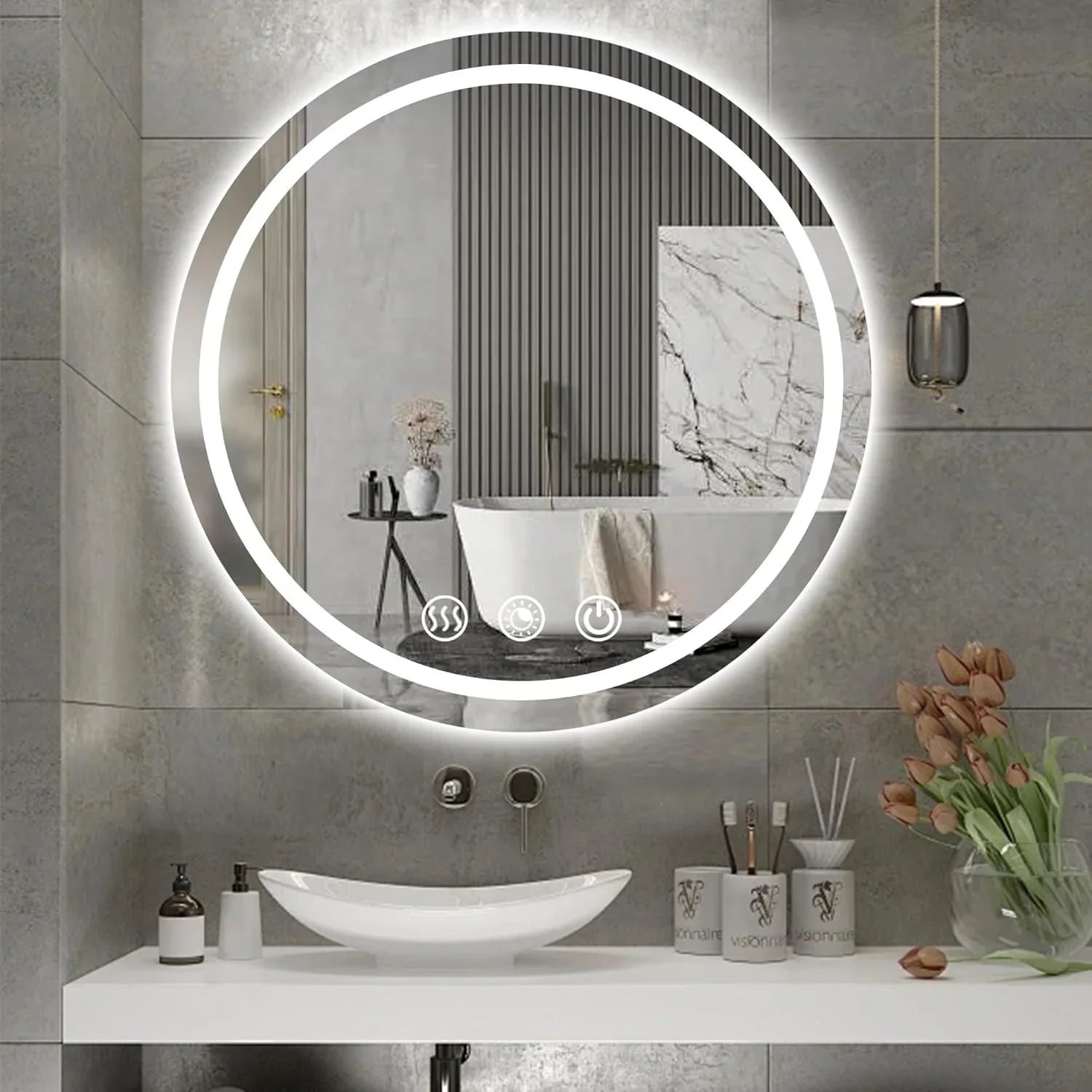 Round LED Bathroom Mirror, 3000K-6000K Dimmable and Many Sizes