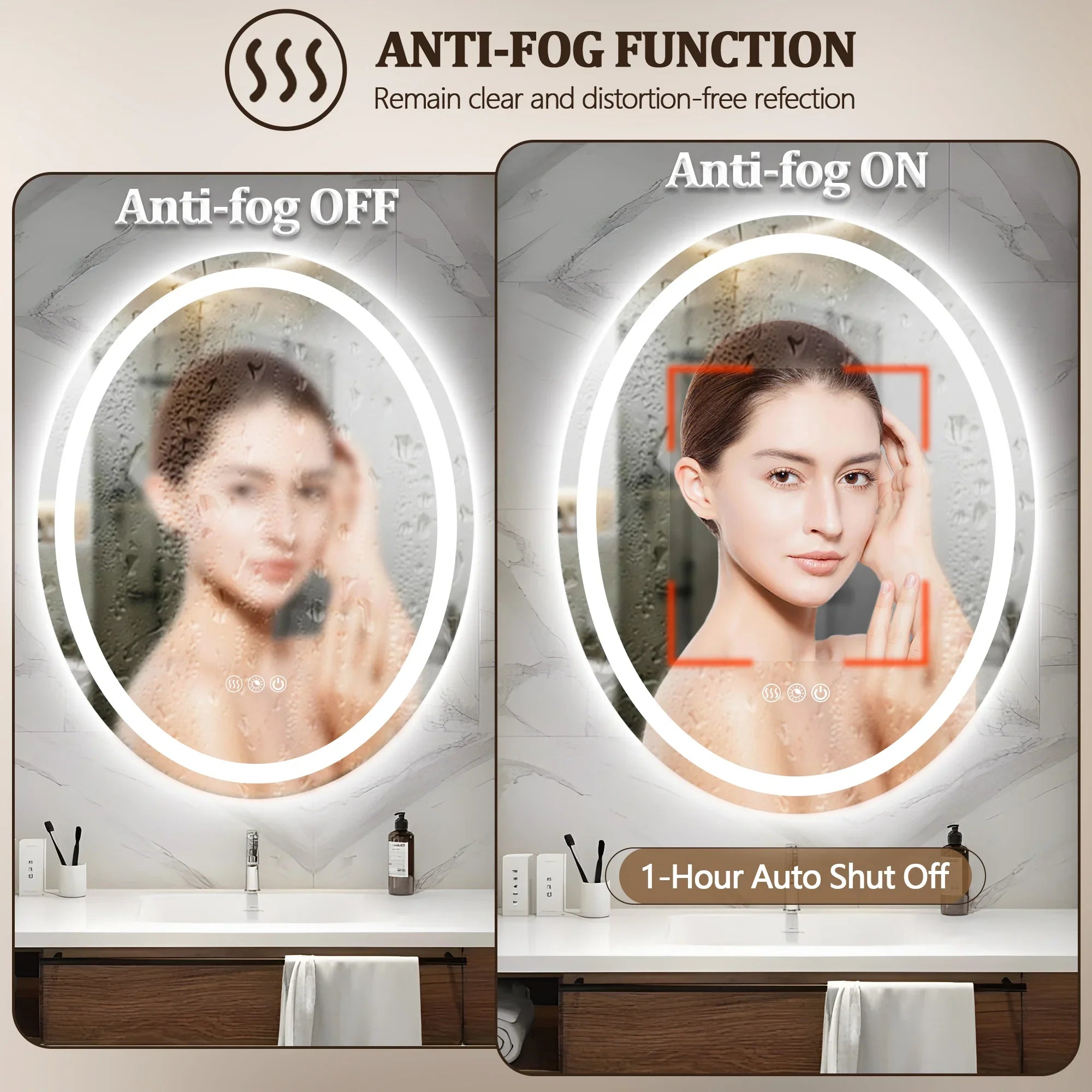 Oval LED Bathroom Mirror, 3000K-6000K Dimmable and Many Sizes