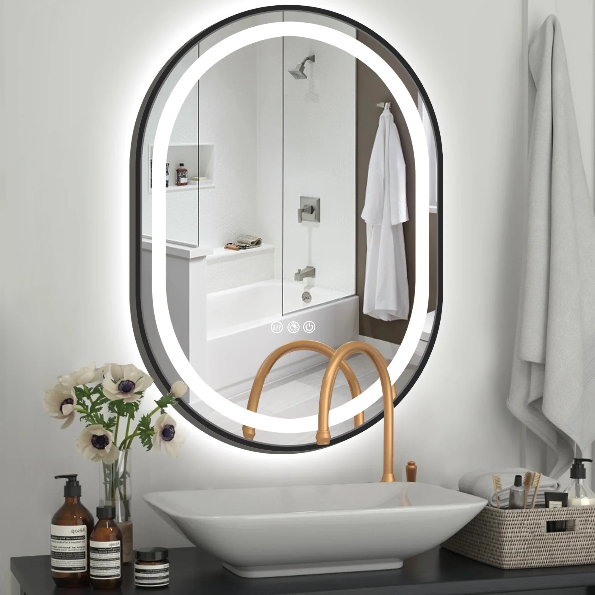 Double Arch LED Frame Bathroom Mirror, 3000K-6000K Dimmable and Many Sizes