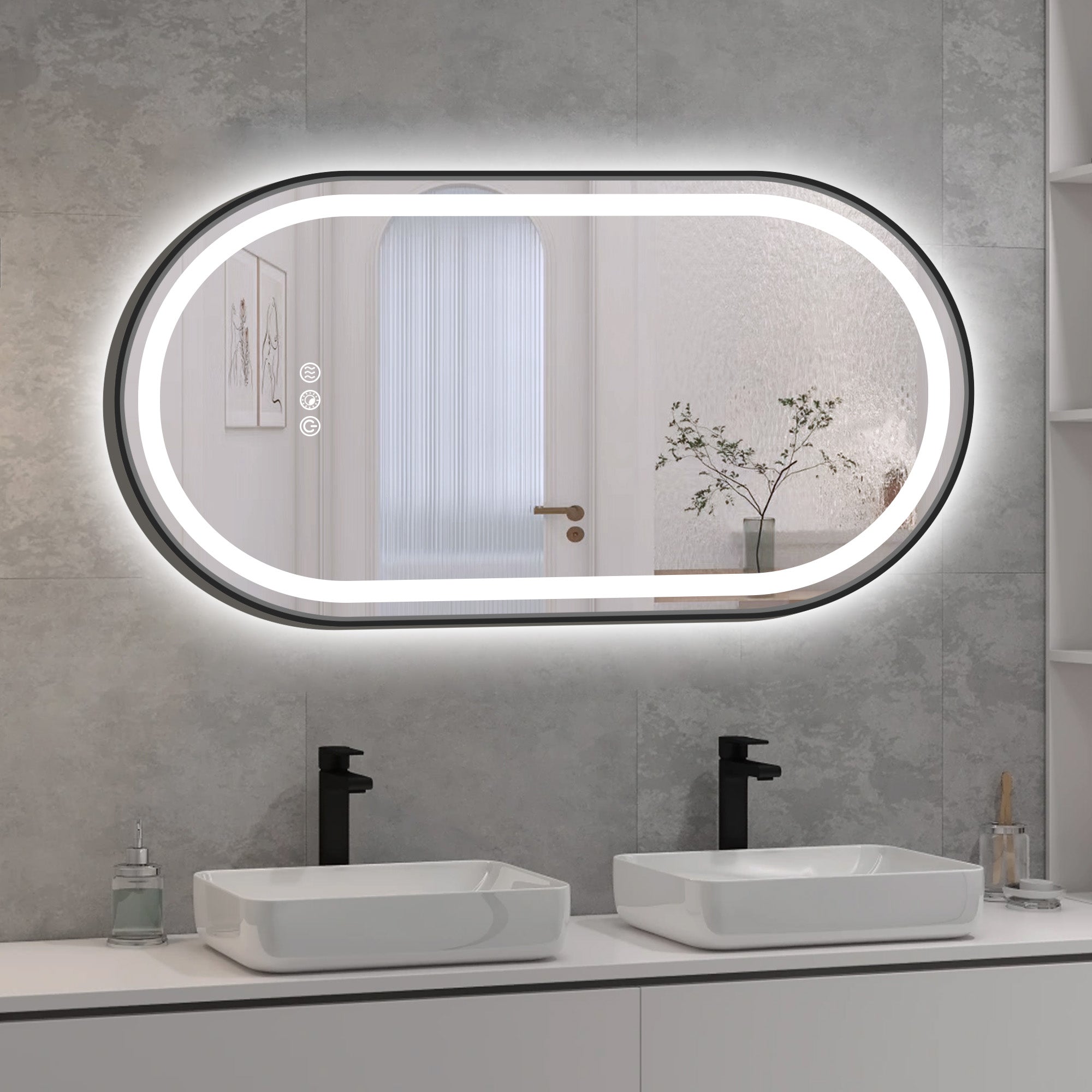 Double Arch LED Frame Bathroom Mirror, 3000K-6000K Dimmable and Many Sizes
