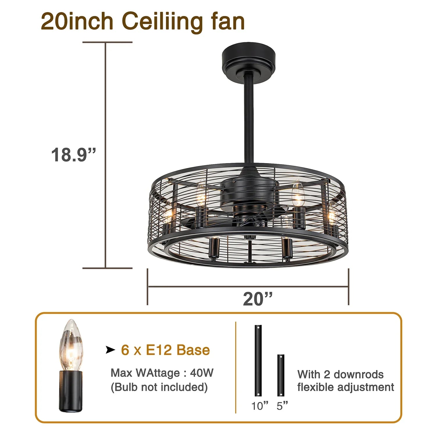 20” Stripped Caged Ceiling Fans with Light and Remote - FTL Outdoor Wall Lighting LED Light Bulbs