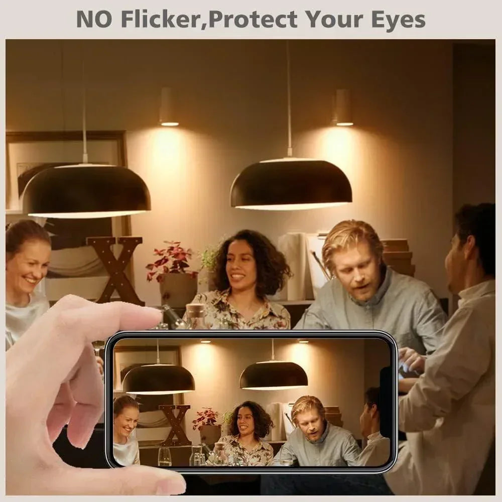 Energy-efficient LED pendant lights over dining table, no flicker, warm indoor lighting