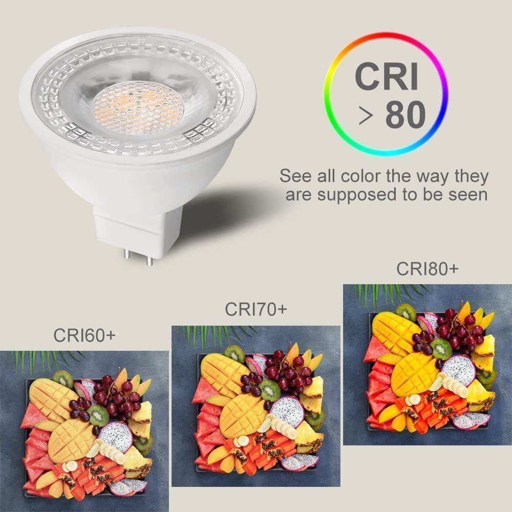 LED light bulb with CRI over 80, showing color rendering comparisons with fruit images.
