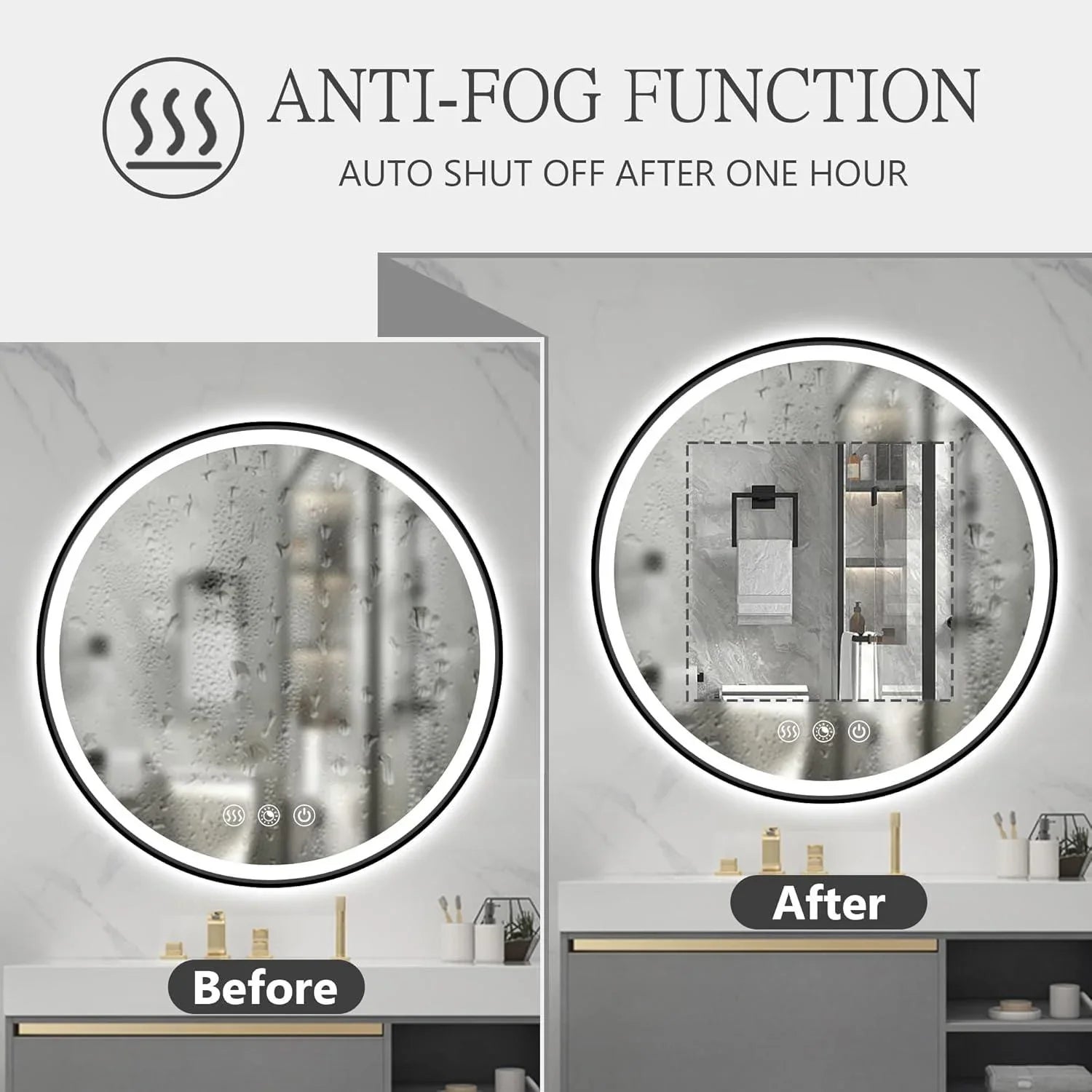 Round Black Frame LED Bathroom Mirror Dimmable Anti-fog - FTL Outdoor Wall Lighting LED Light Bulbs