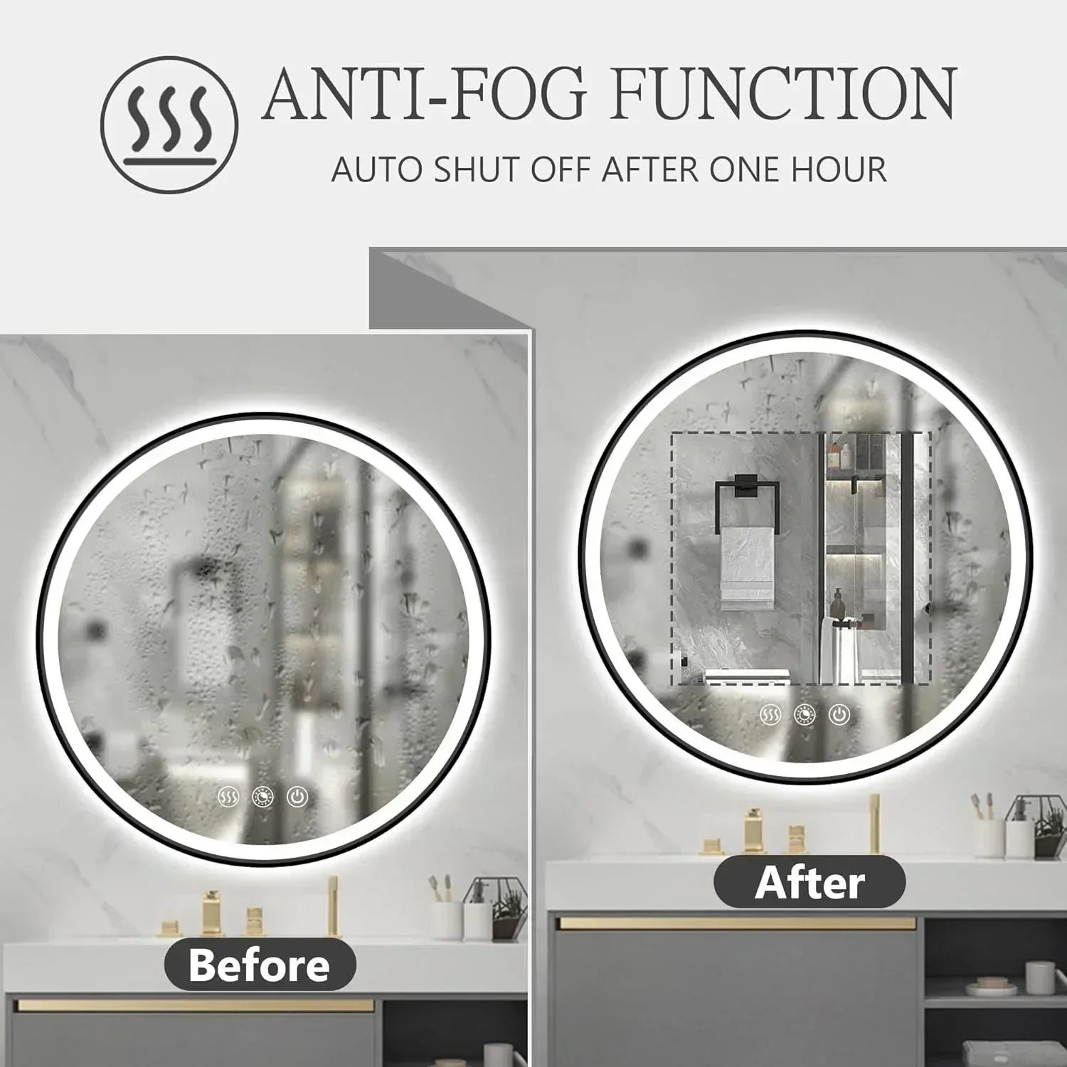 Round Black Frame LED Bathroom Mirror Dimmable Anti-fog - FTL Outdoor Wall Lighting LED Light Bulbs