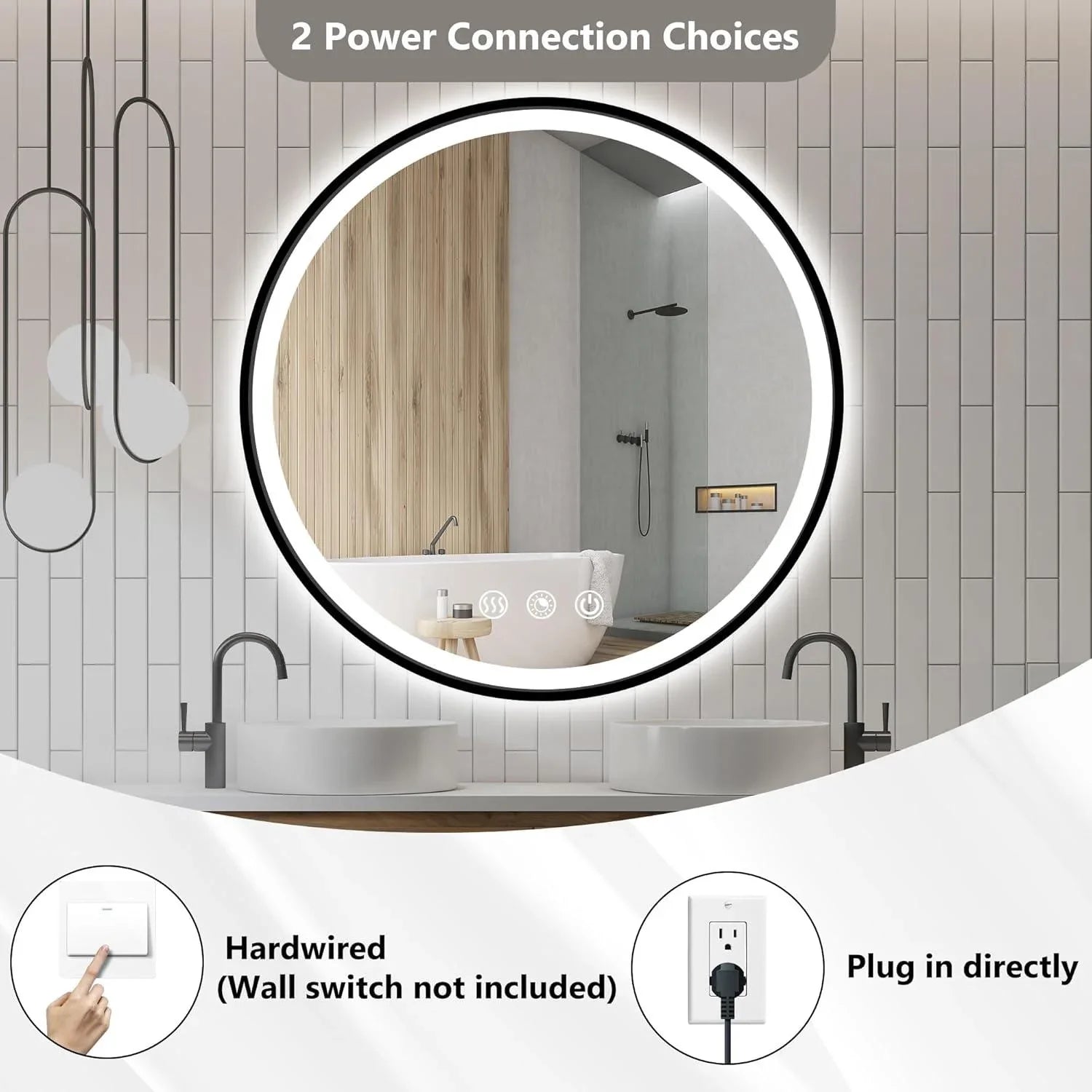 Round Black Frame LED Bathroom Mirror Dimmable Anti-fog - FTL Outdoor Wall Lighting LED Light Bulbs