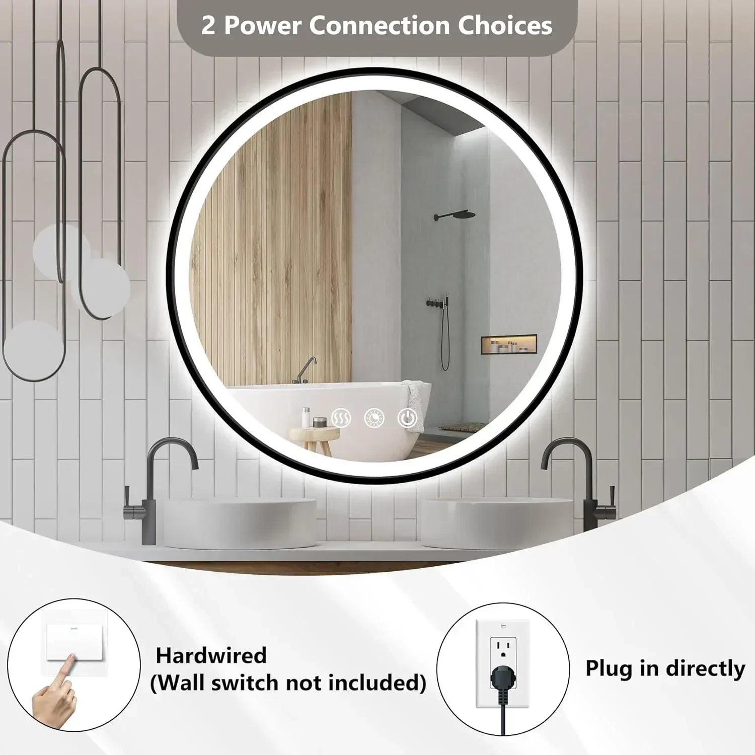 Round Black Frame LED Bathroom Mirror Dimmable Anti-fog - FTL Outdoor Wall Lighting LED Light Bulbs