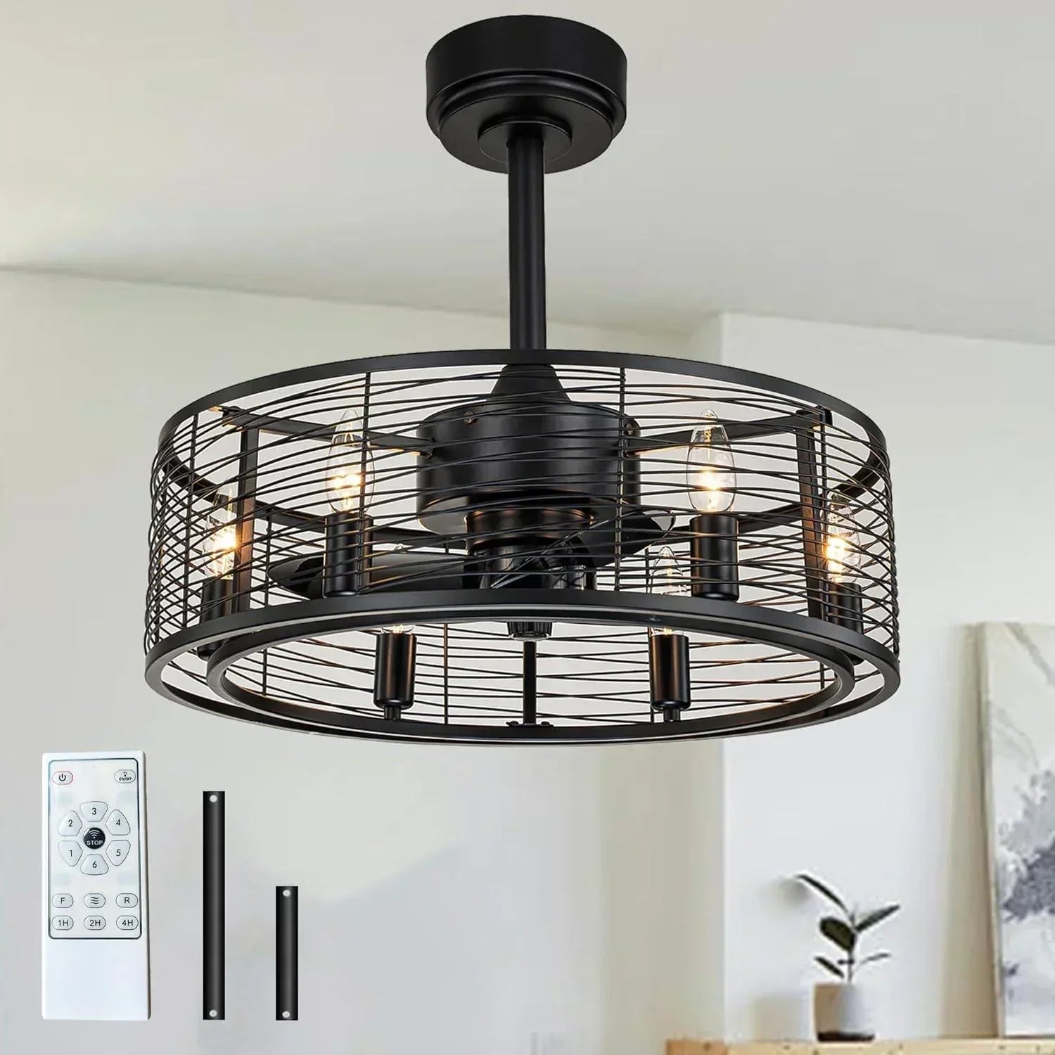 Modern black caged LED ceiling fan light fixture with remote, ideal for indoor home lighting