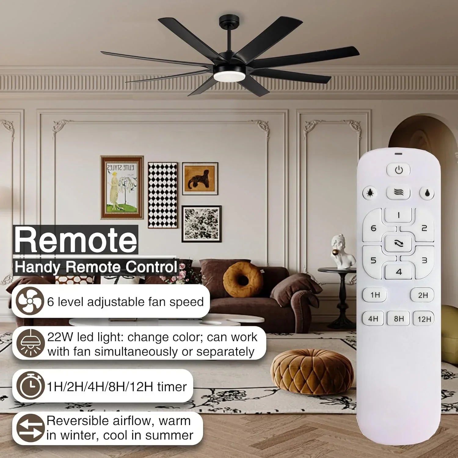 72" Black Ceiling Fans with LED Lights and Remote