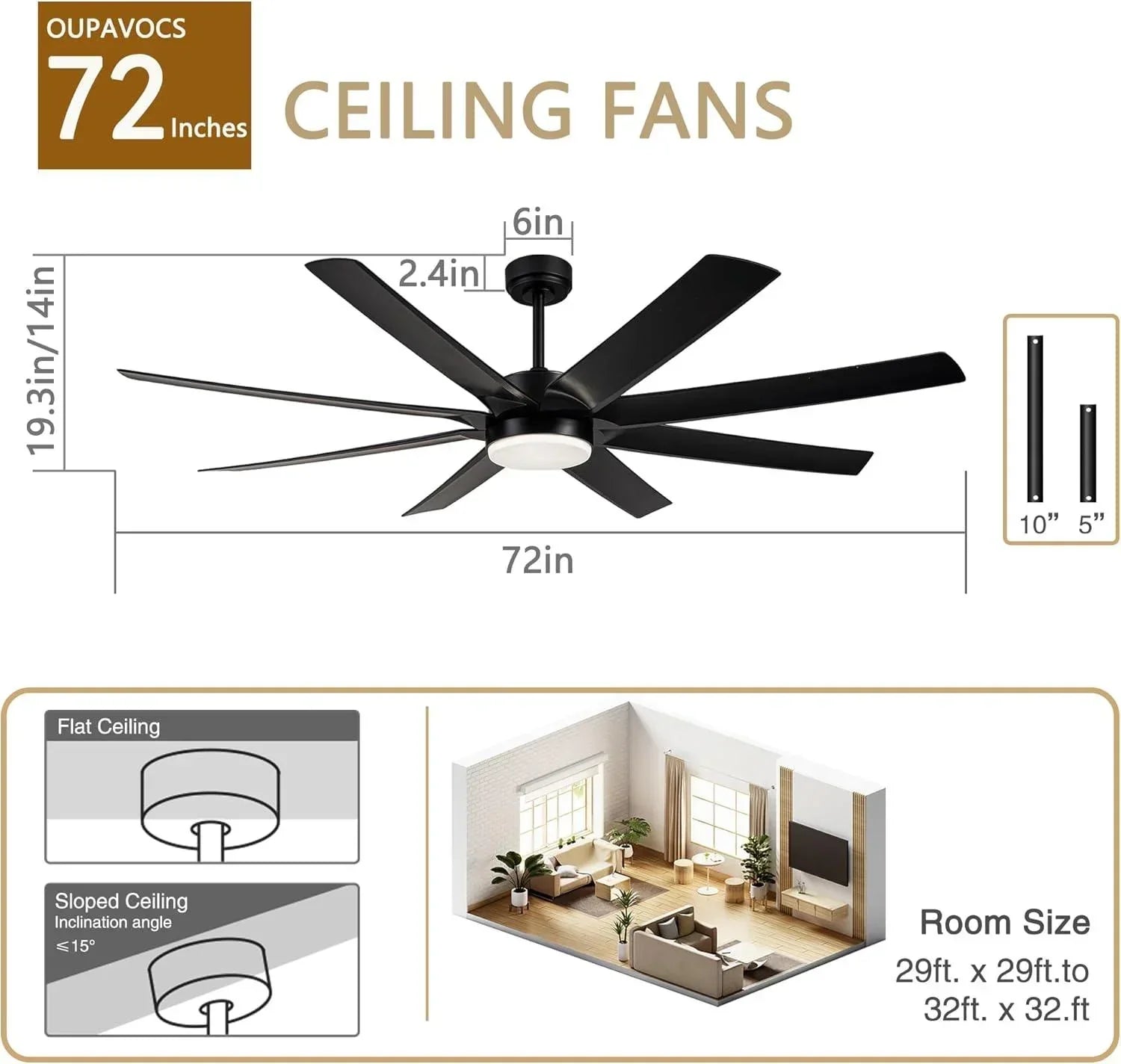 72" Black Ceiling Fans with LED Lights and Remote