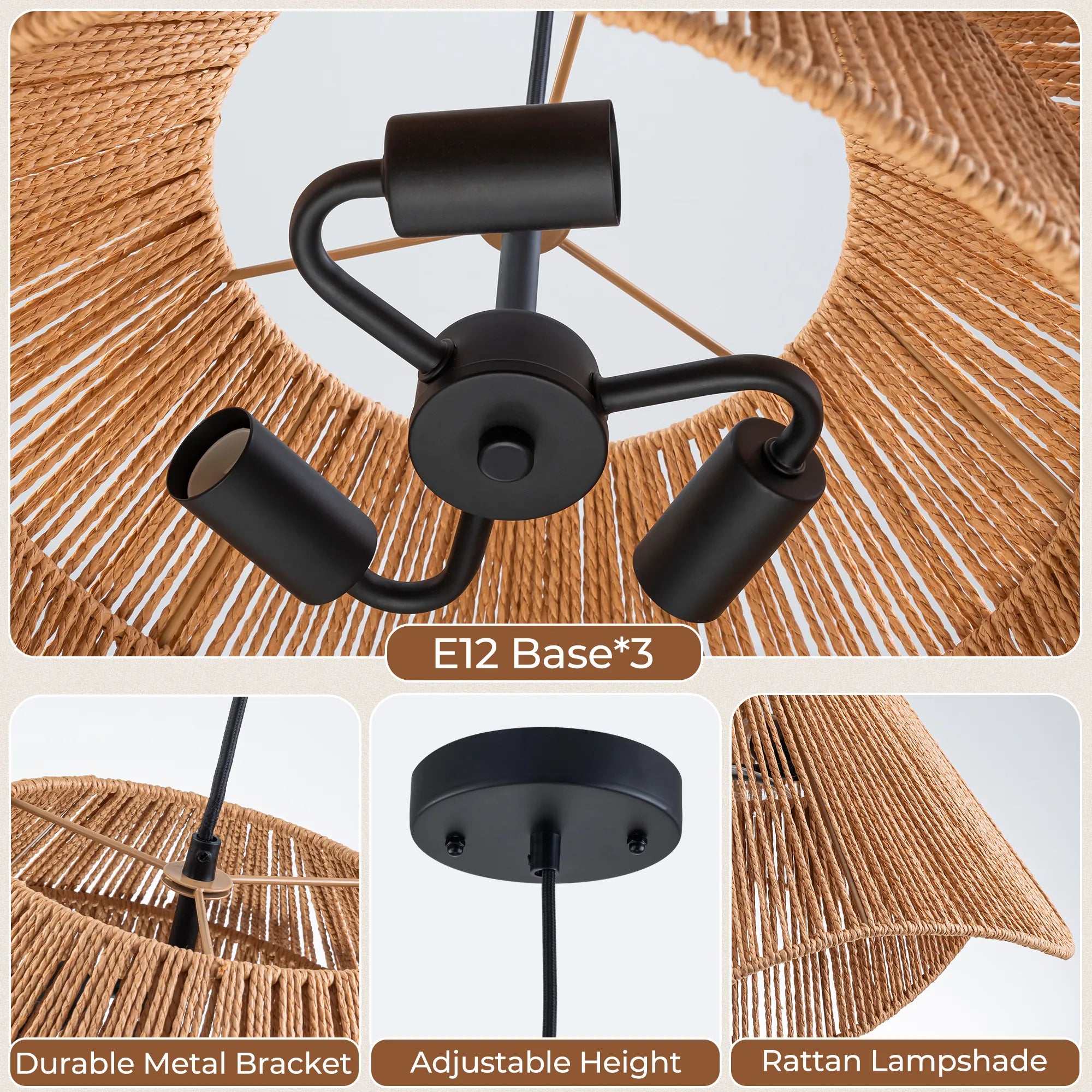 FTL 19.7โ Rattan Pendant Light Fixture Boho Farmhouse Chandelier