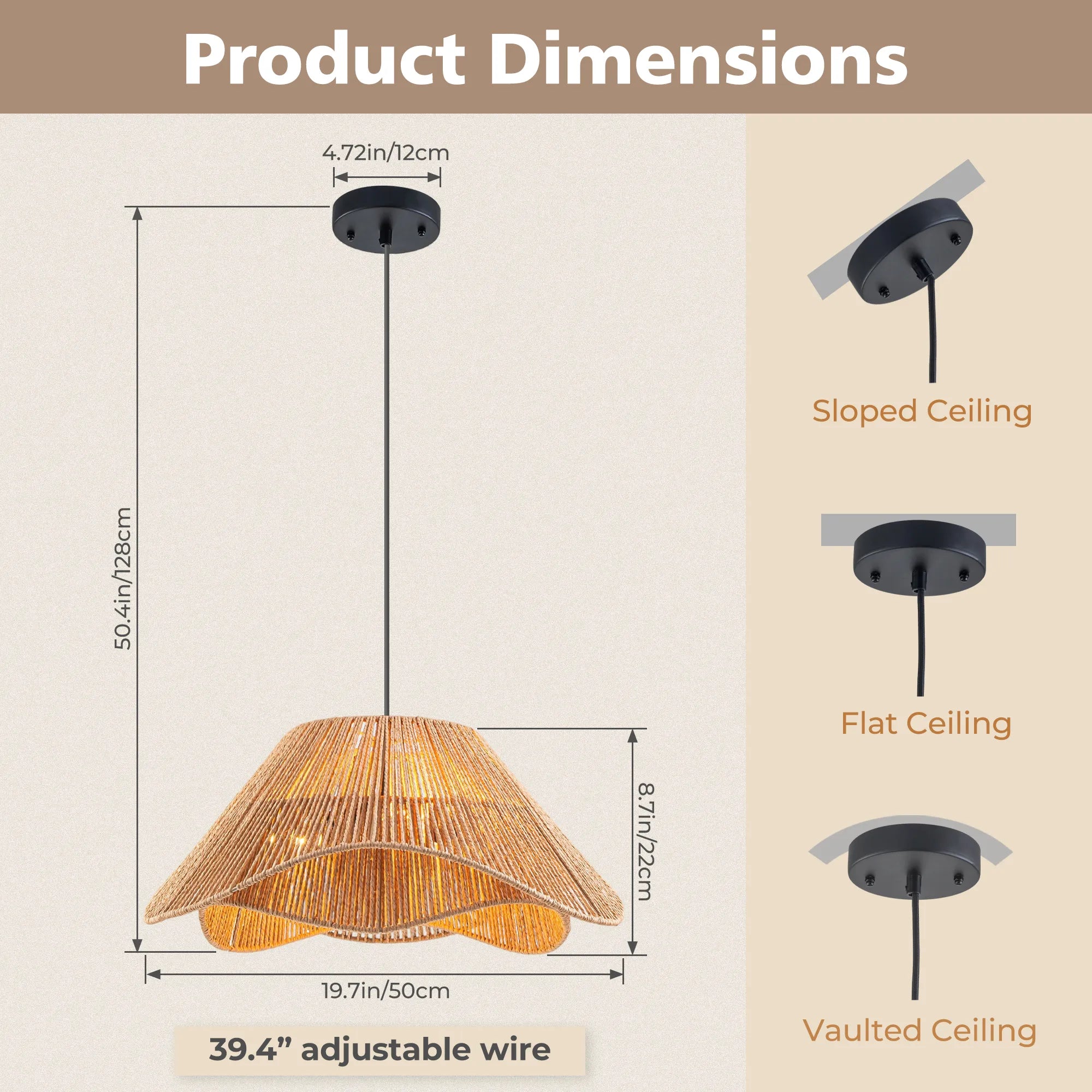 FTL 19.7โ Rattan Pendant Light Fixture Boho Farmhouse Chandelier