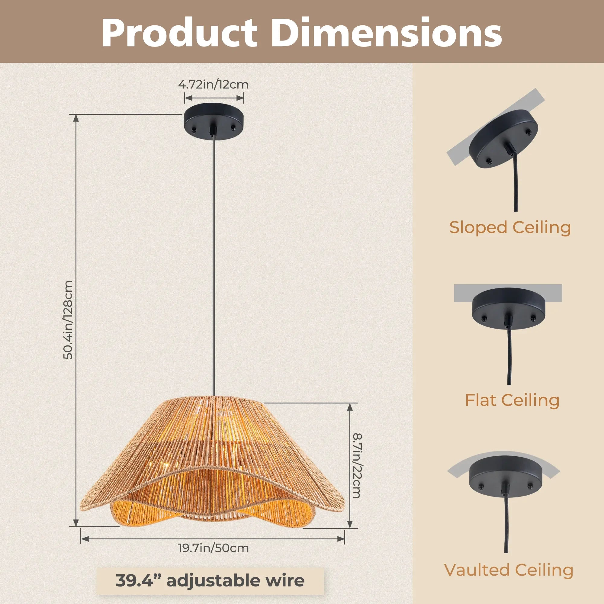 FTL 19.7โ Rattan Pendant Light Fixture Boho Farmhouse Chandelier