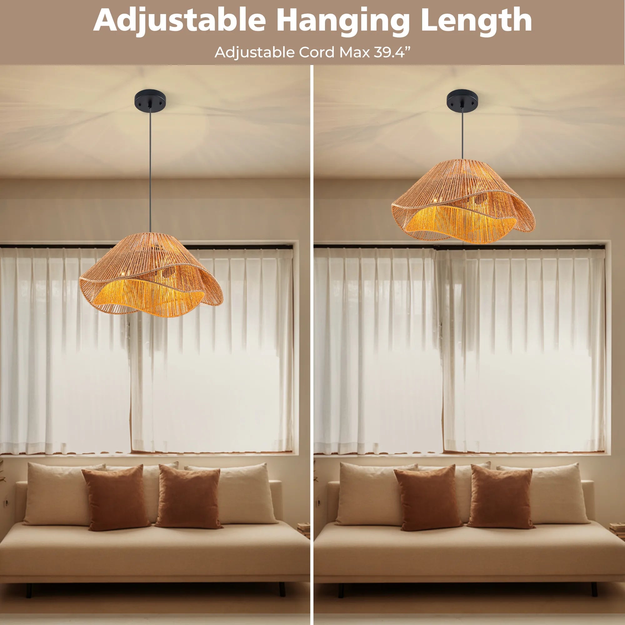 FTL 19.7โ Rattan Pendant Light Fixture Boho Farmhouse Chandelier