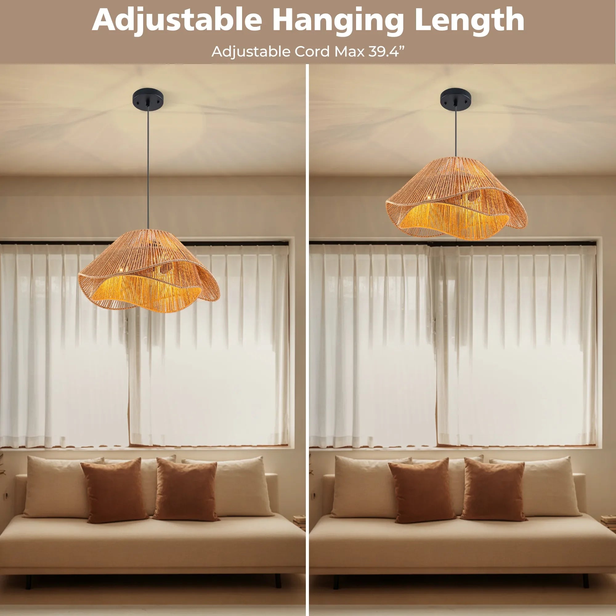 FTL 19.7โ Rattan Pendant Light Fixture Boho Farmhouse Chandelier