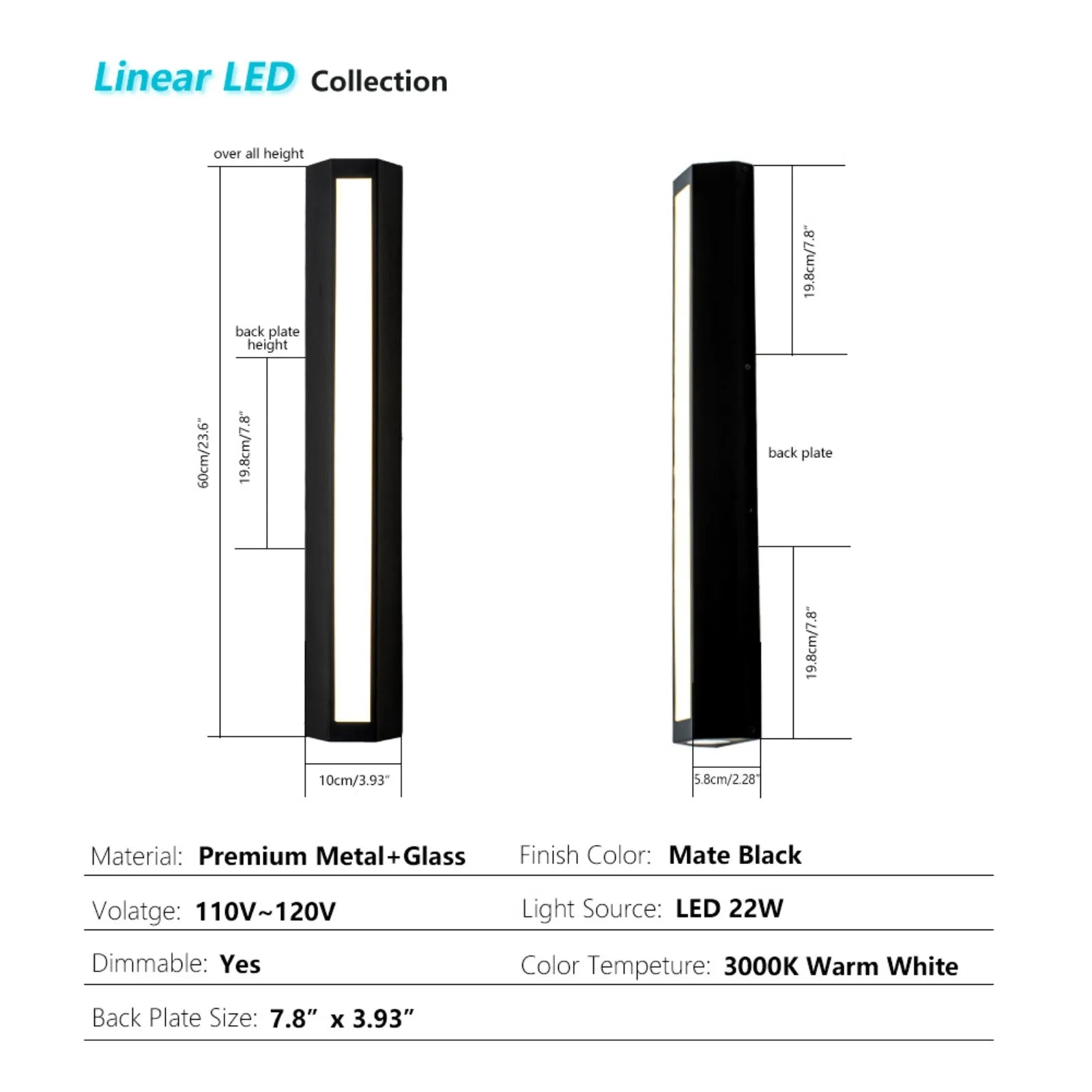 23.6” Modern Dimmable Outdoor LED Wall Sconce 1 Pack