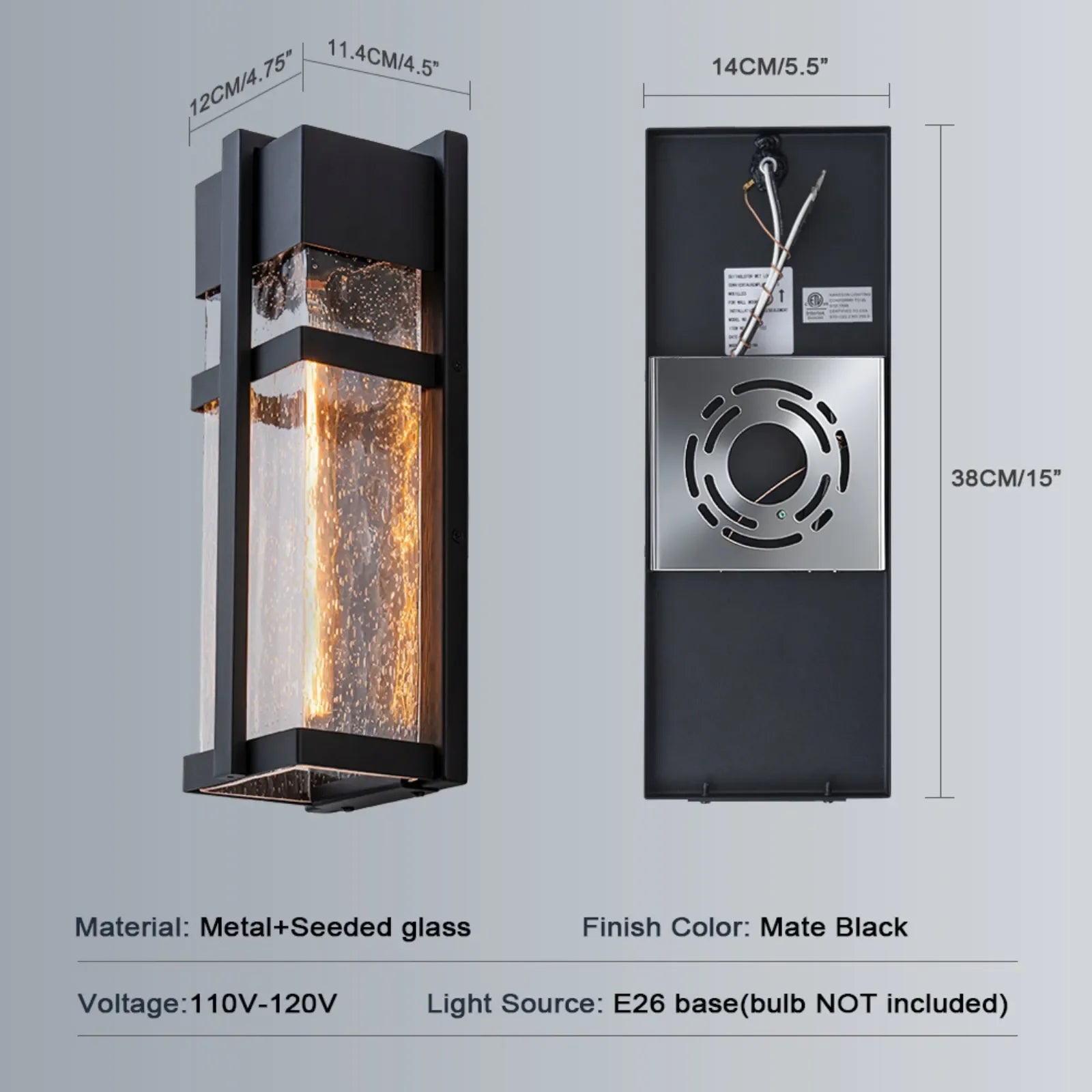 14.9" Black Outdoor Wall Sconce with Seed Glass