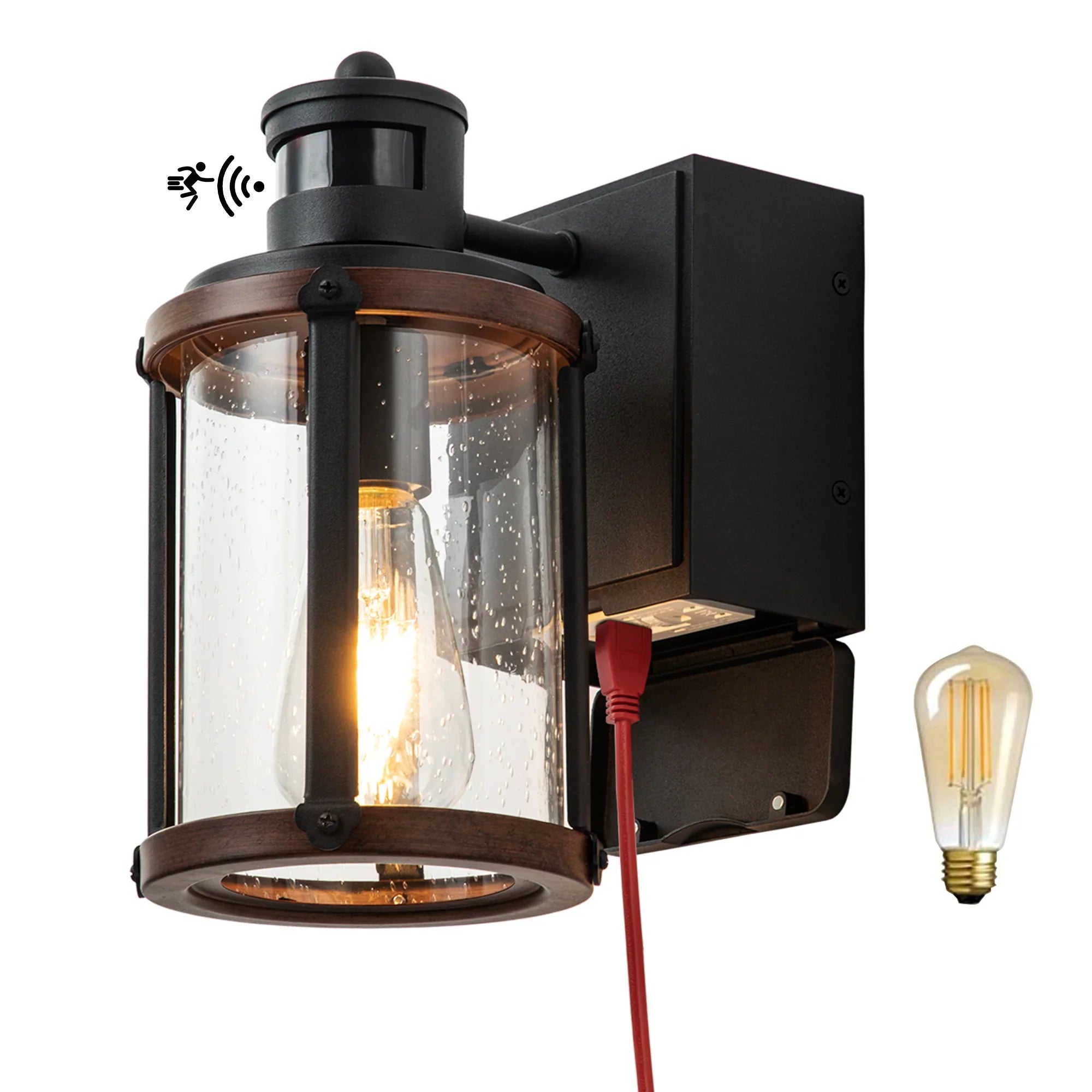 Motion Sensor Dusk to Dawn Glass Outdoor Wall Lights with GFCI Outlet