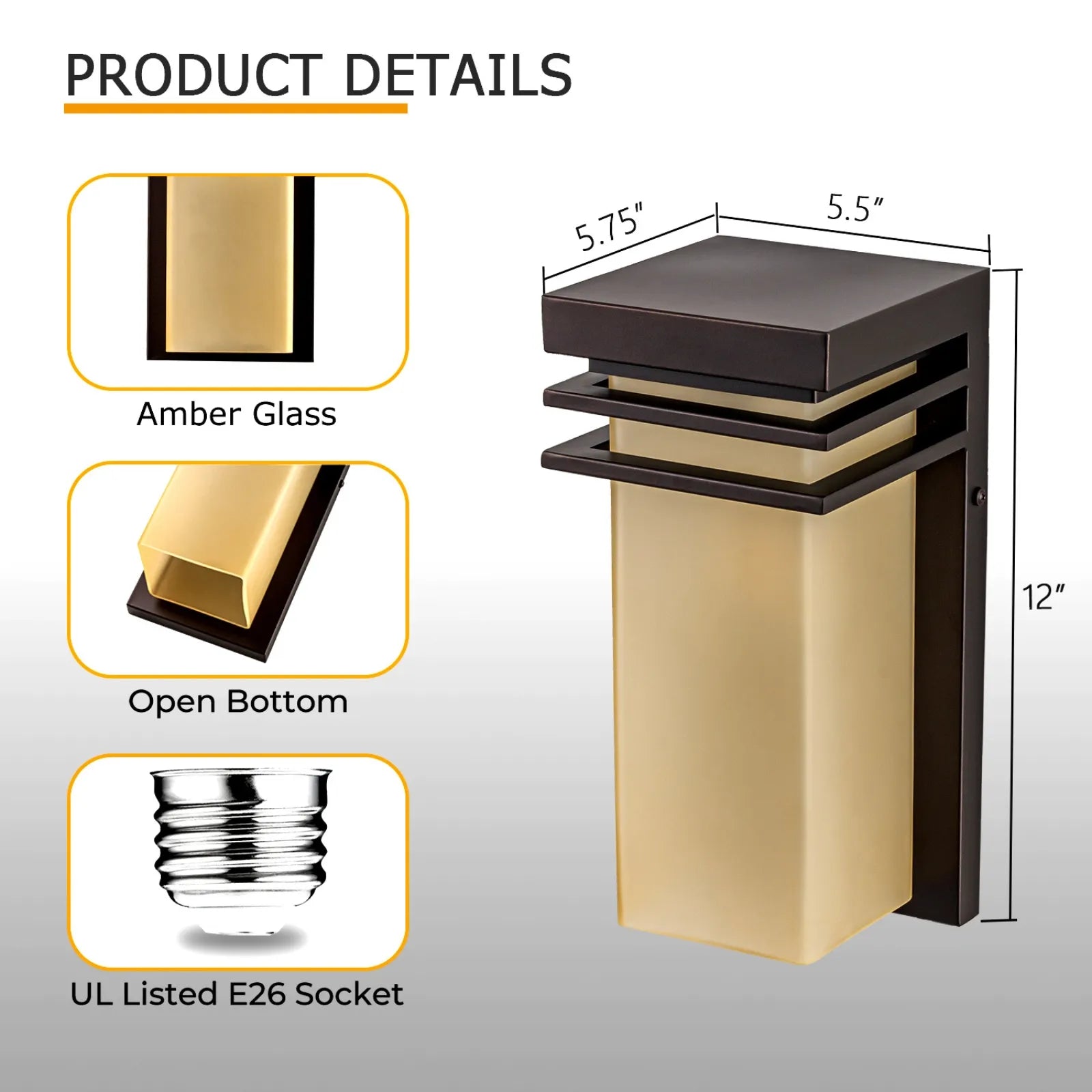 12" Bronze Outdoor Patio Lights with Antique Amber Glass