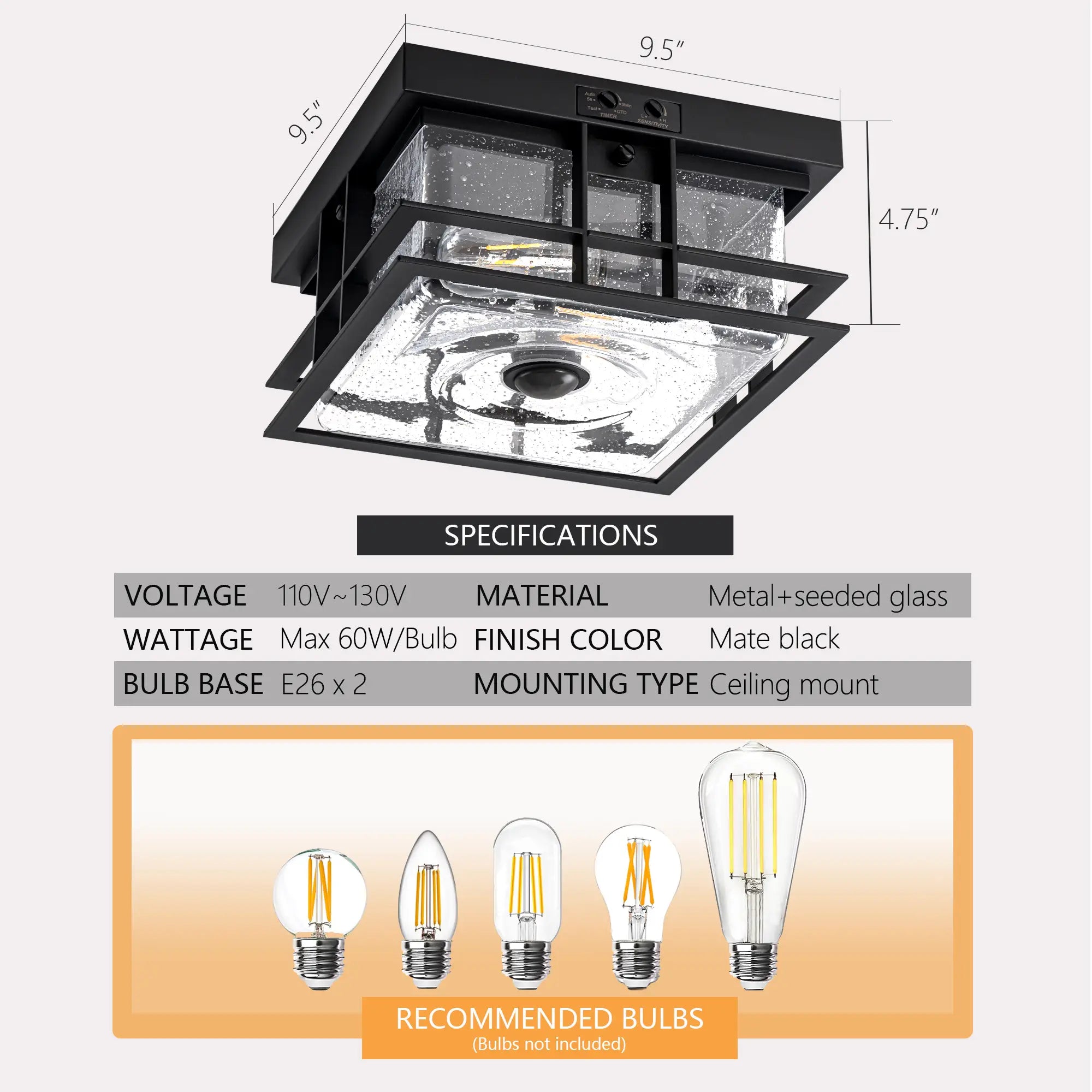 9.5" Outdoor Ceiling Lights with Motion Sensor Upgraded Dusk to Dawn 2-Light