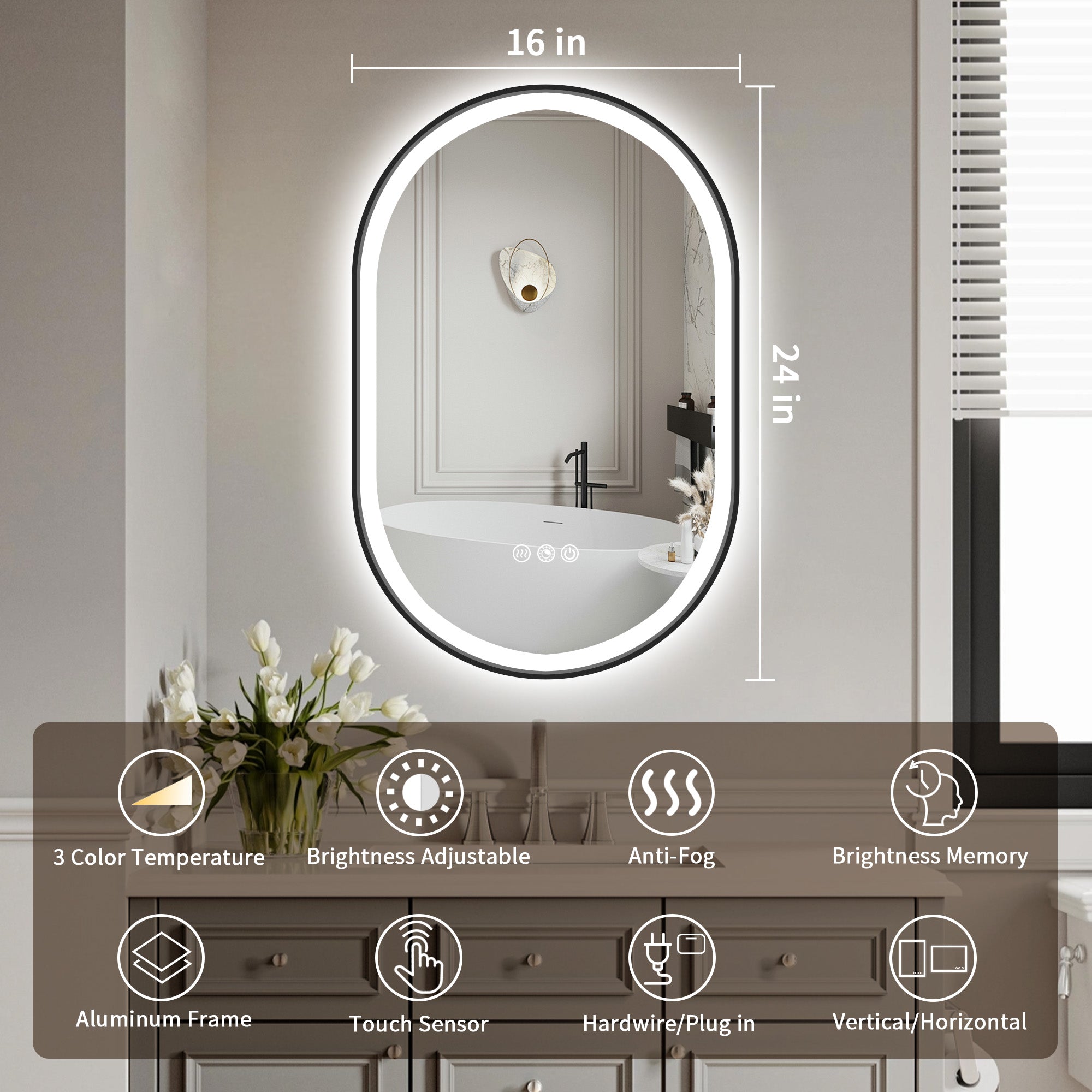 Double Arch LED Frame Bathroom Mirror, 3000K-6000K Dimmable and Many Sizes