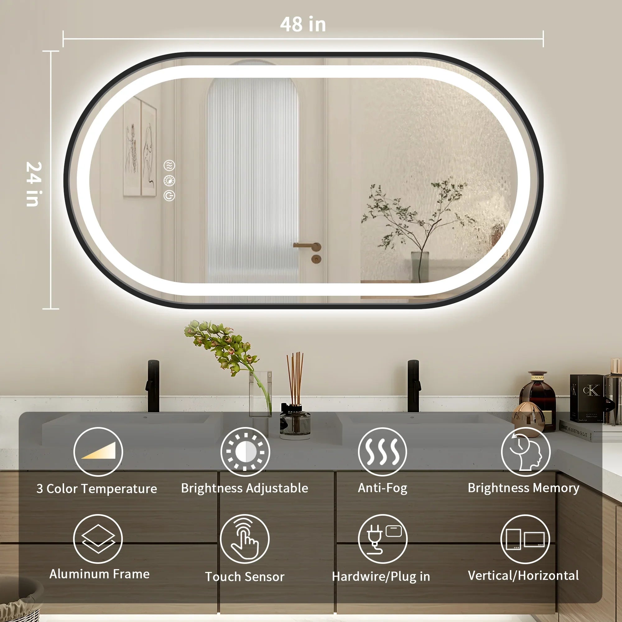 Double Arch LED Frame Bathroom Mirror, 3000K-6000K Dimmable and Many Sizes