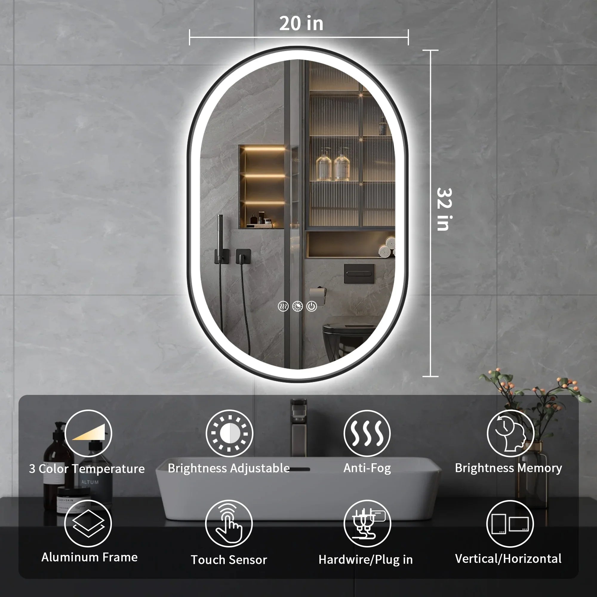 Double Arch LED Frame Bathroom Mirror, 3000K-6000K Dimmable and Many Sizes