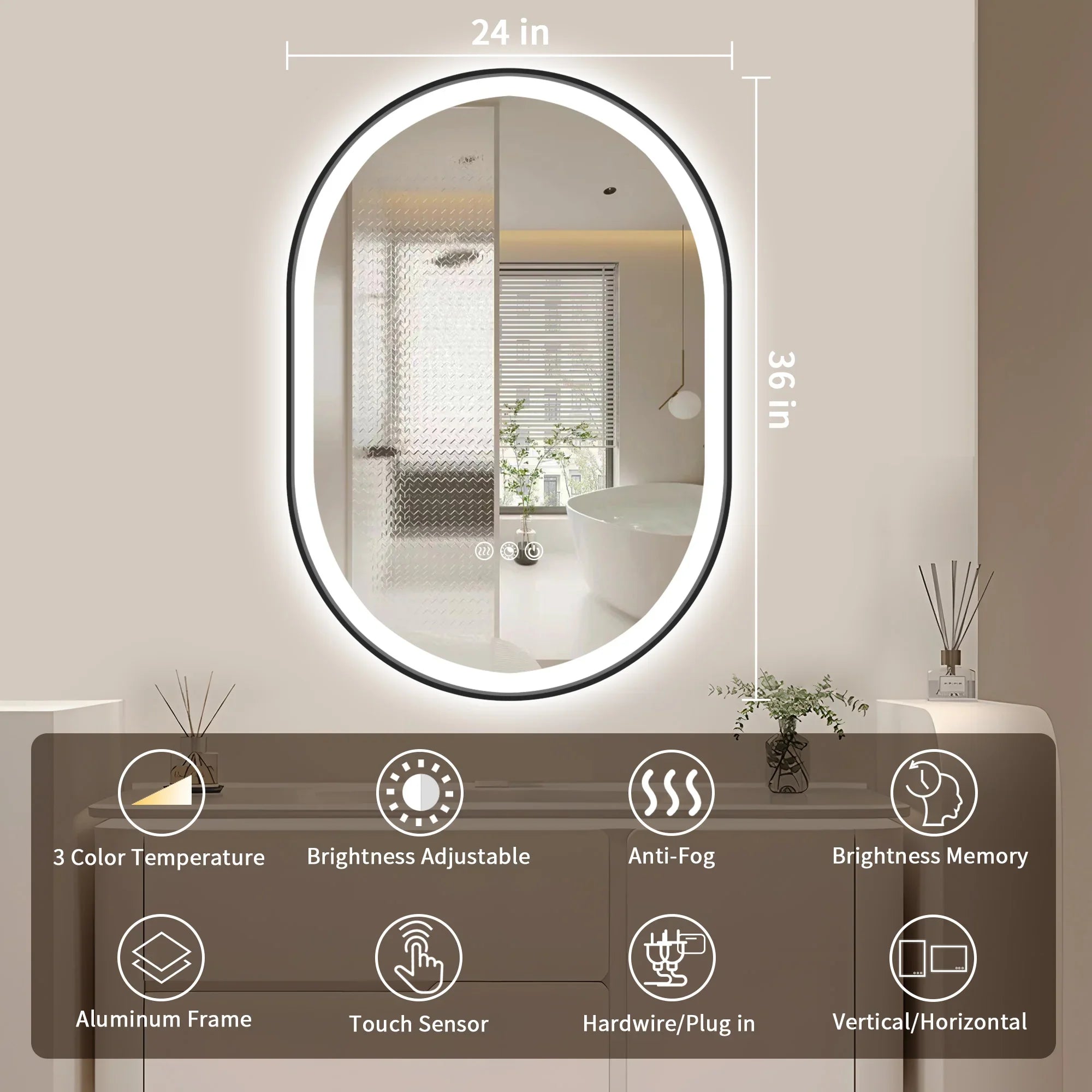 Double Arch LED Frame Bathroom Mirror, 3000K-6000K Dimmable and Many Sizes