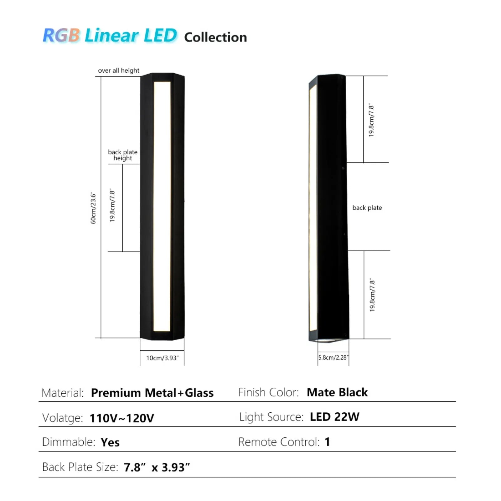 23.6” Modern RGB Outdoor Wall Lights with Remote Control