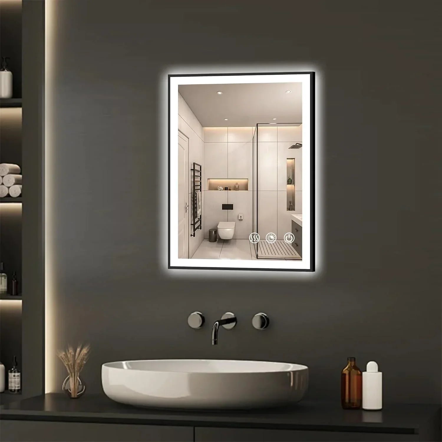 Rectangle 3CCT Dimmable LED Bathroom Mirror with Black Frame