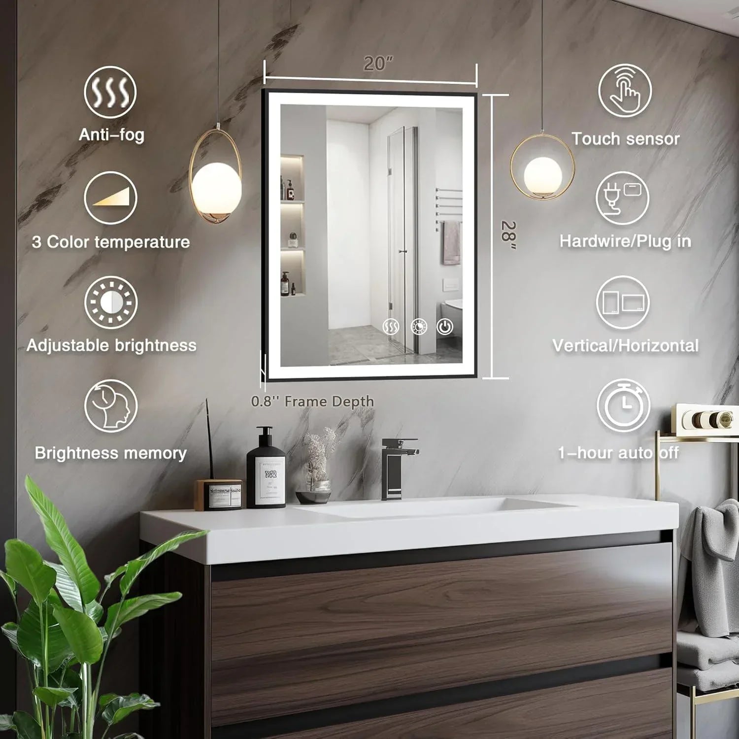 Rectangle 3CCT Dimmable LED Bathroom Mirror with Black Frame