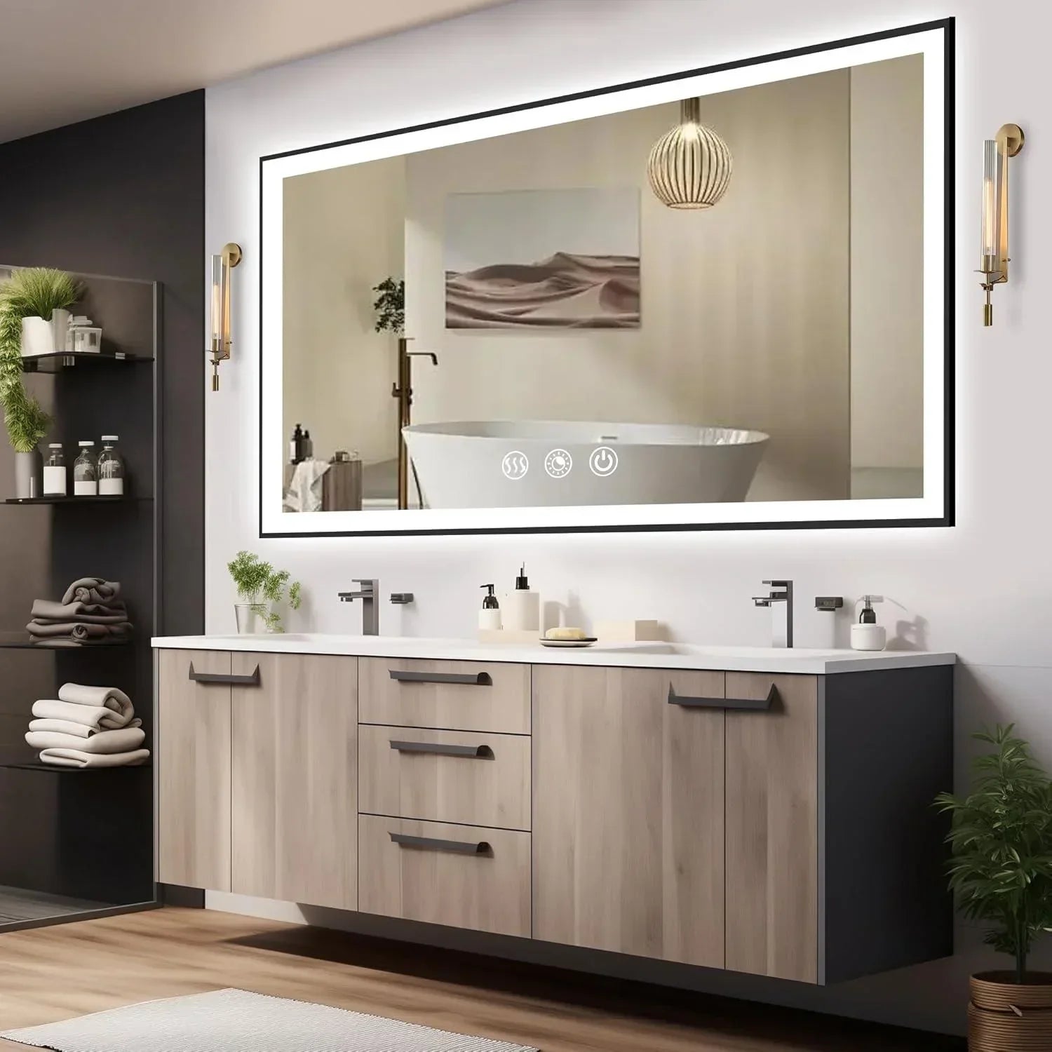 Rectangle 3CCT Dimmable LED Bathroom Mirror with Black Frame