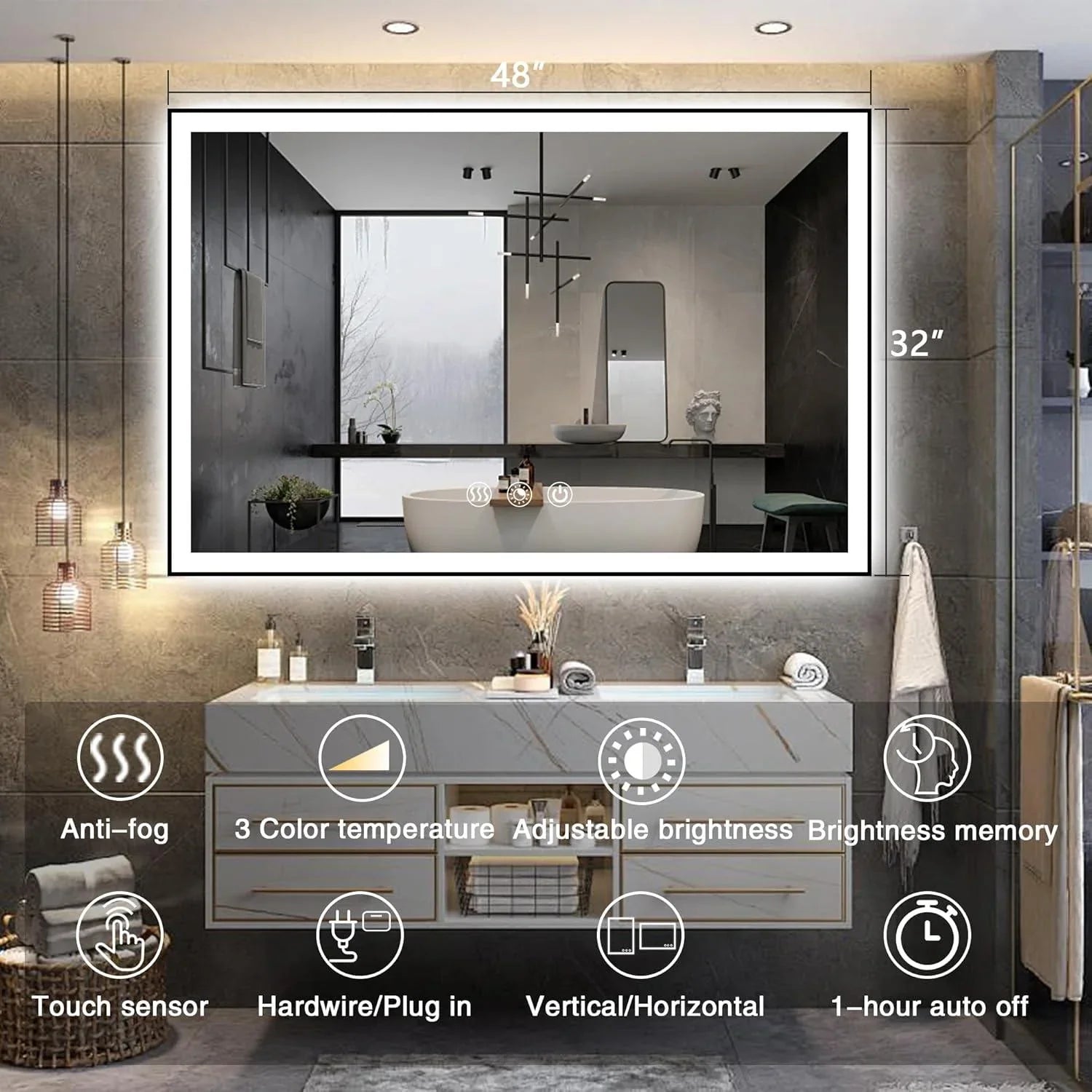 Rectangle 3CCT Dimmable LED Bathroom Mirror with Black Frame