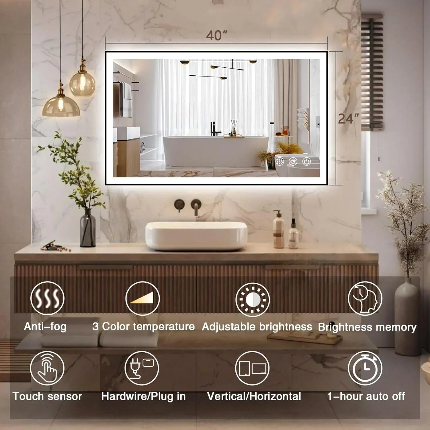 Rectangle 3CCT Dimmable LED Bathroom Mirror with Black Frame