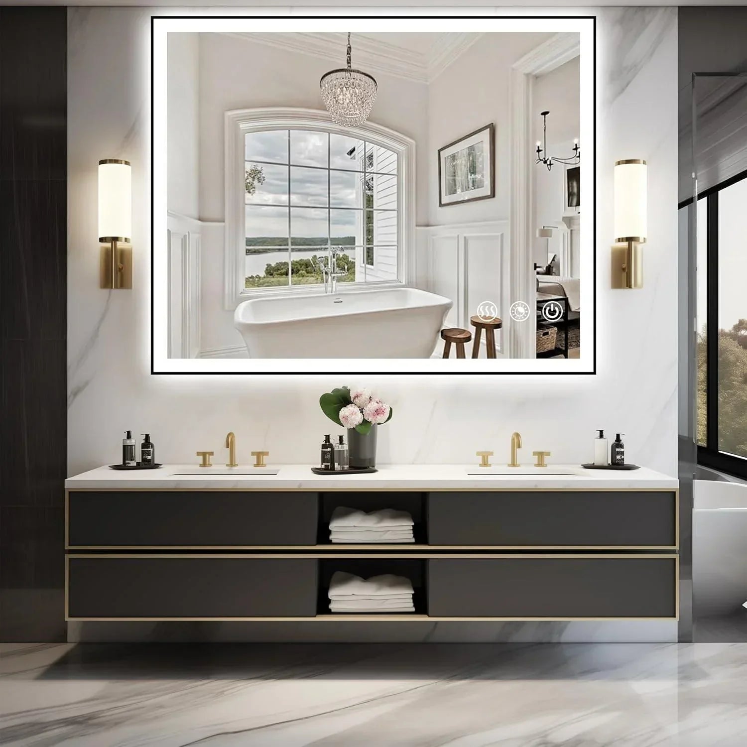 Rectangle 3CCT Dimmable LED Bathroom Mirror with Black Frame