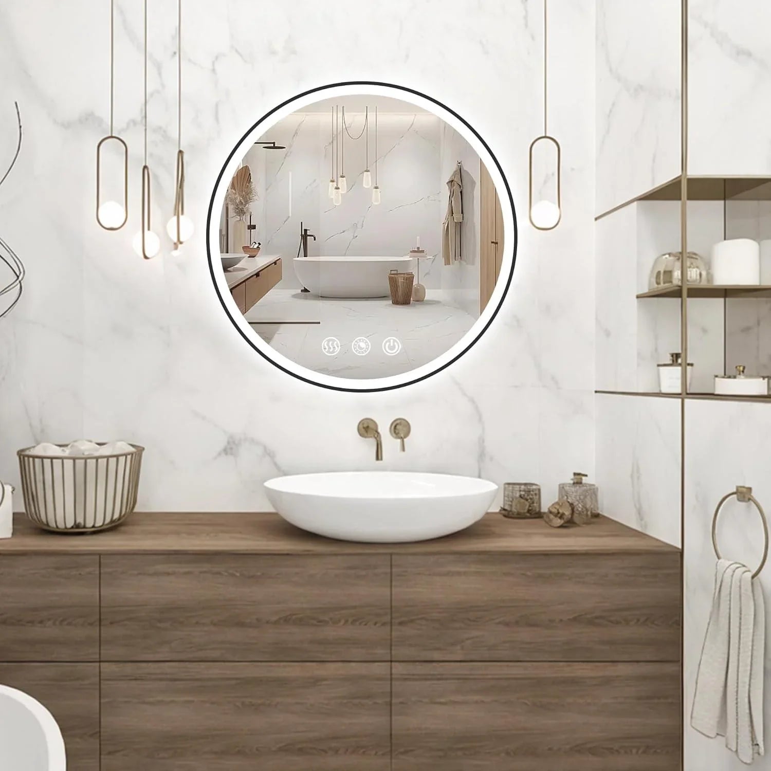 Round Black Frame LED Bathroom Mirror Dimmable Anti-fog