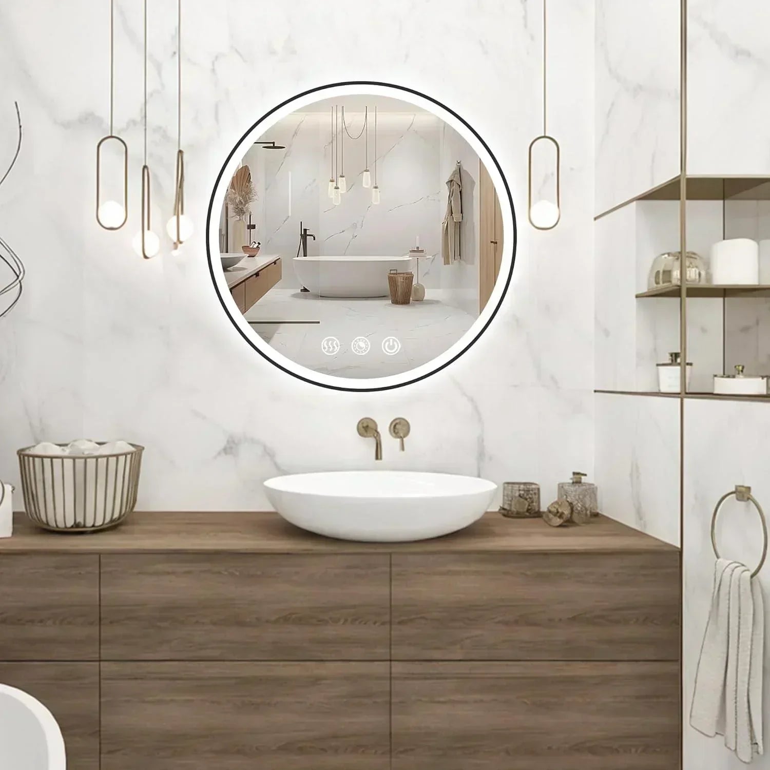 Round Black Frame LED Bathroom Mirror Dimmable Anti-fog