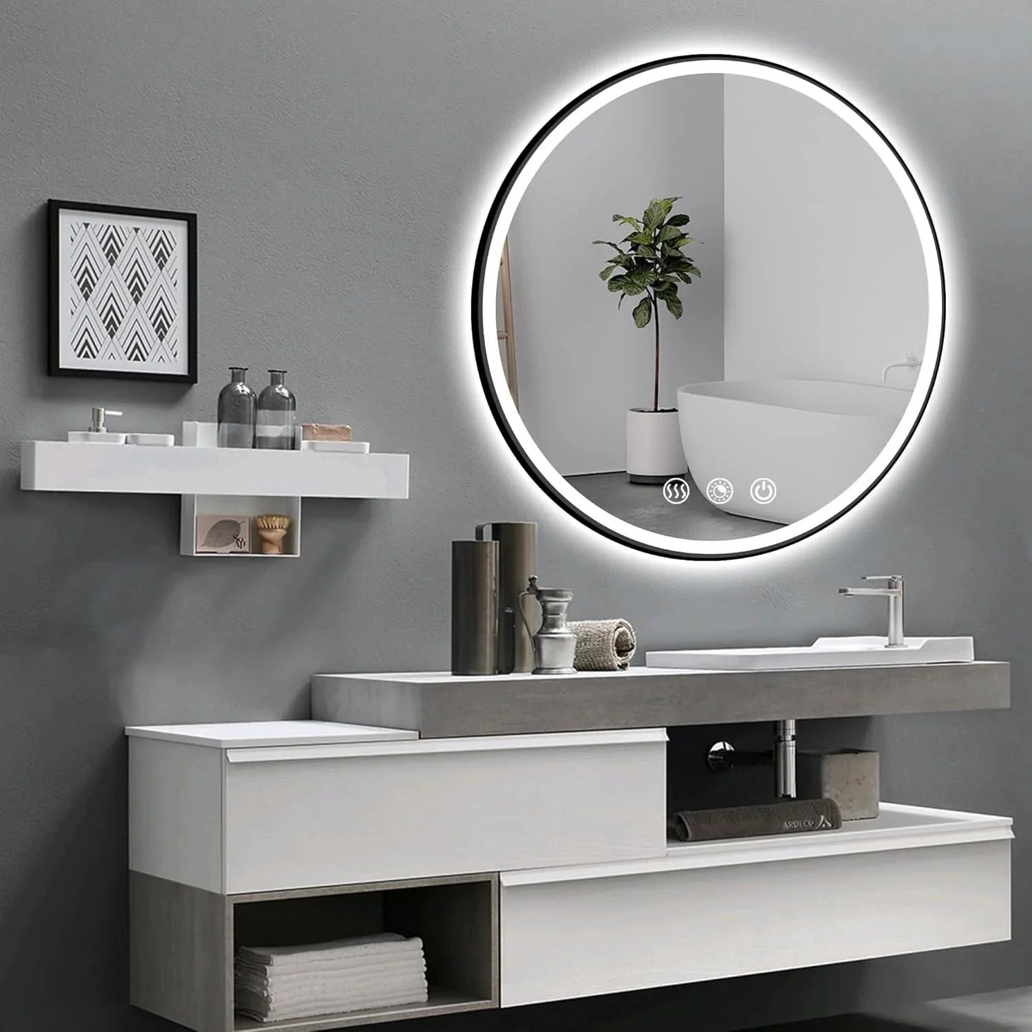 Round Black Frame LED Bathroom Mirror Dimmable Anti-fog