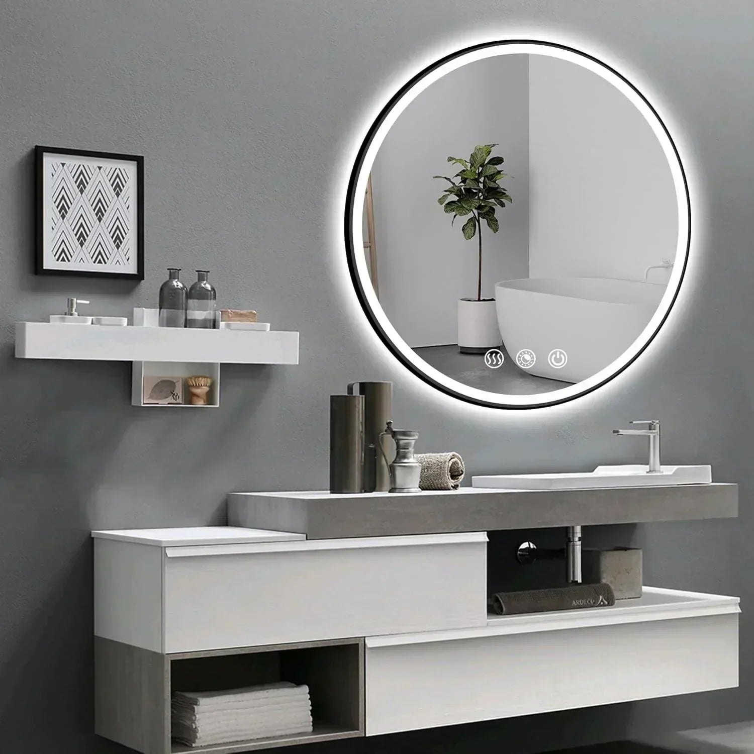 Round Black Frame LED Bathroom Mirror Dimmable Anti-fog