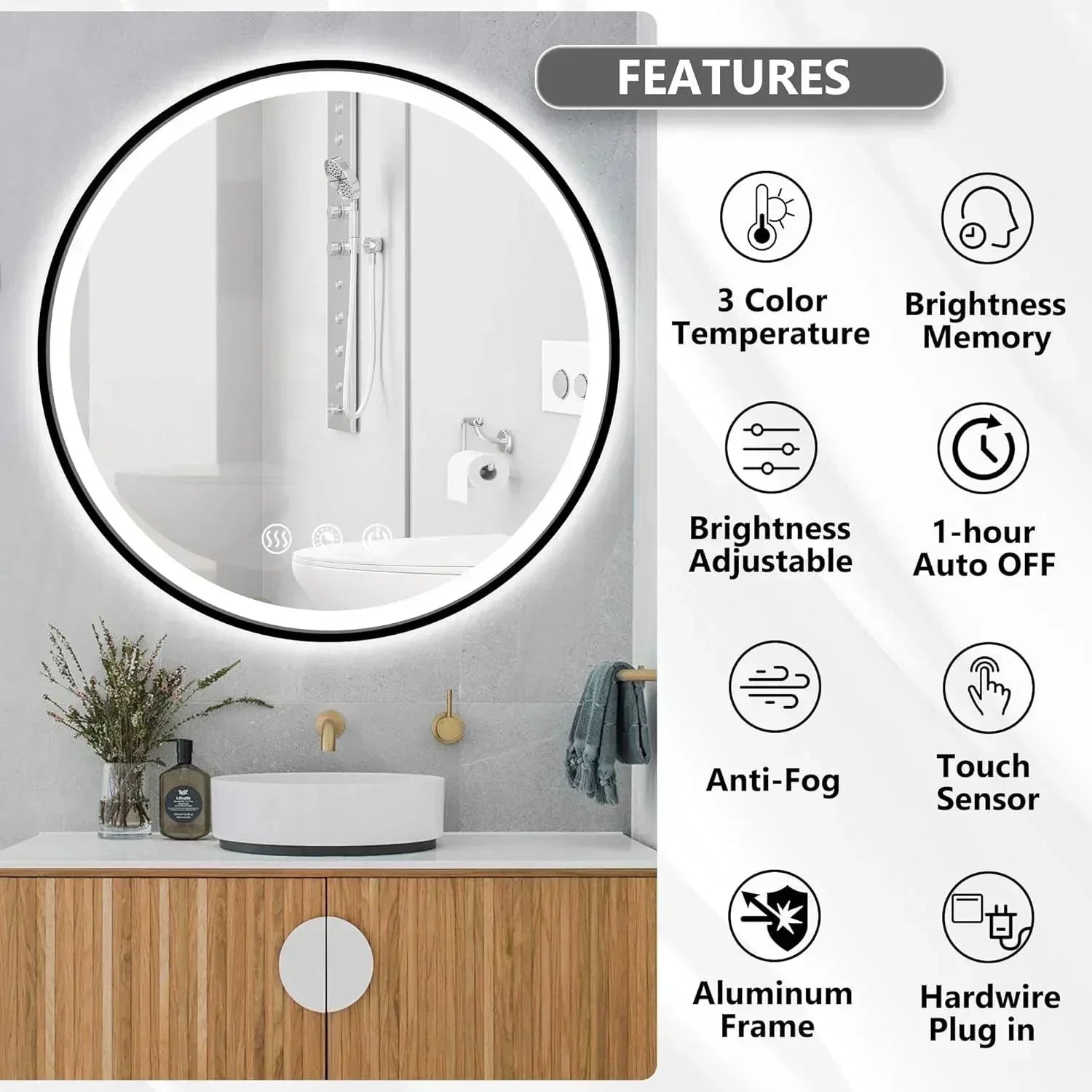 Round Black Frame LED Bathroom Mirror Dimmable Anti-fog