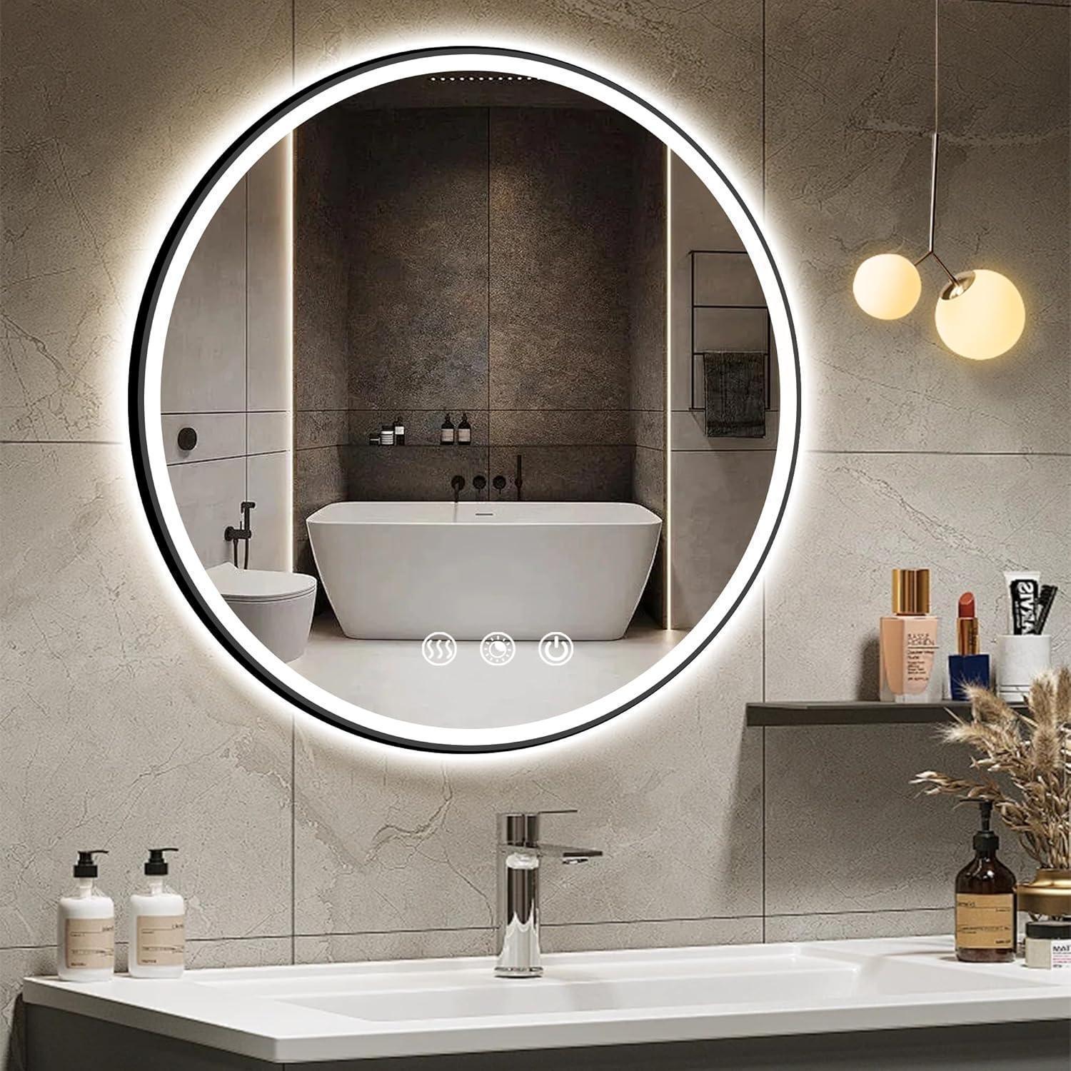 Round Black Frame LED Bathroom Mirror Dimmable Anti-fog